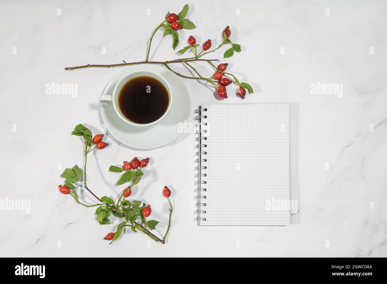 mock up di una pagina bianca spirale notebook su un tavolo di marmo grigio chiaro con un caffè e rose fianchi, autunno desktop decorato per una vacanza a fare lista Foto Stock