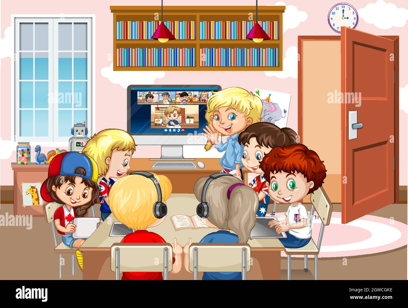 I bambini usano il computer portatile per comunicare la videoconferenza con l'insegnante e gli amici nella scena della stanza Illustrazione Vettoriale