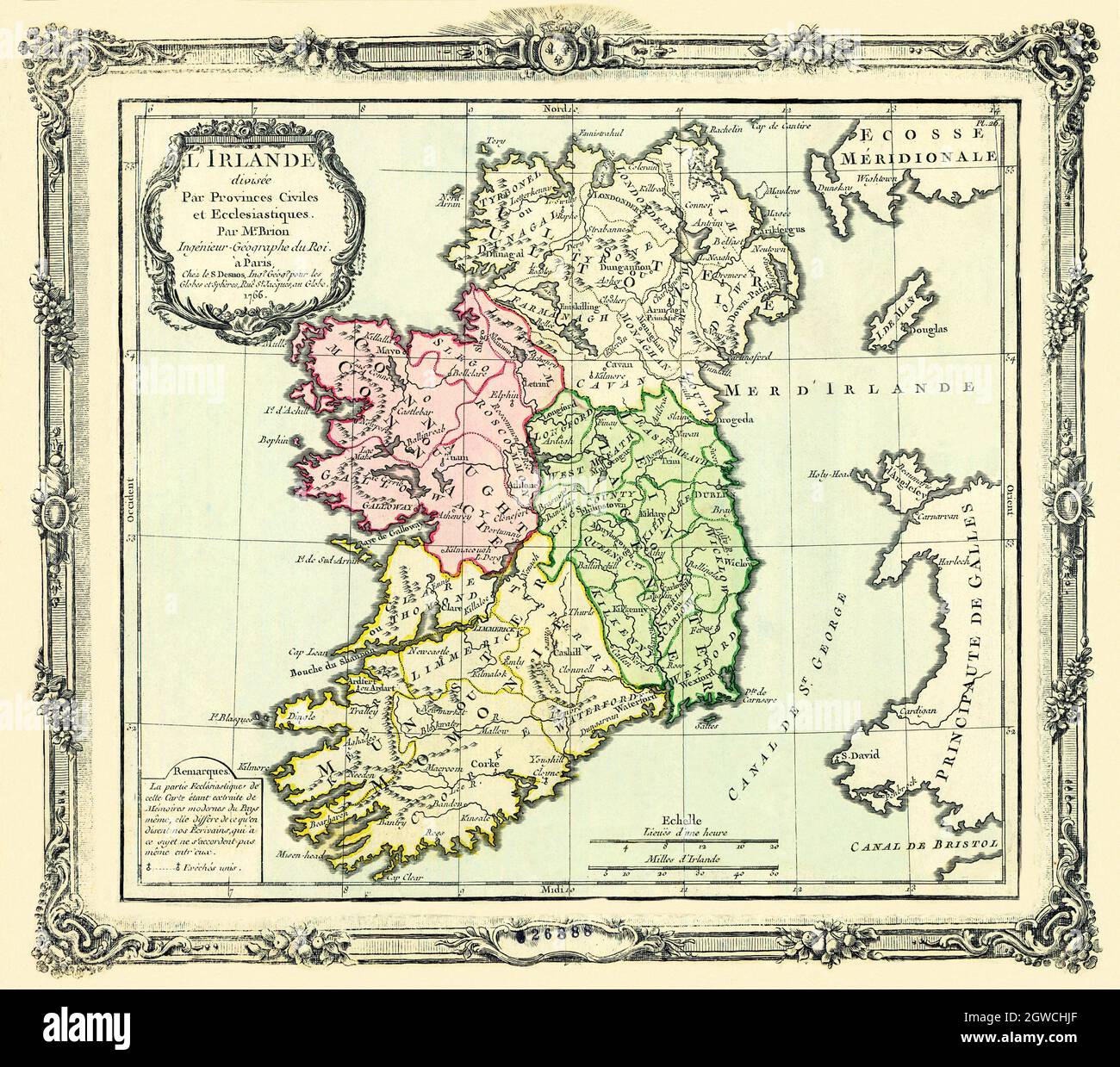 "L'Irlande divisée par Province civiles et ecclesiastiques". Traduzione: Irlanda divisa in province civili ed ecclesiastiche, pubblicata nel 1766, da Louis Brion de la Tour, (circa 1743-1803), geografo e demografo francese del XVIII secolo. Foto Stock