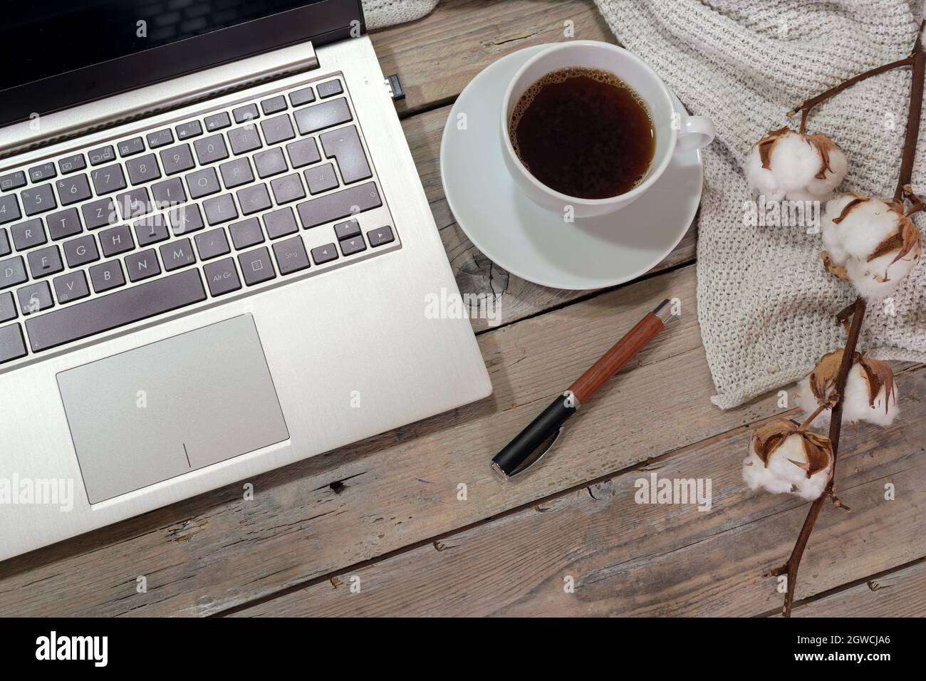 parte di una tastiera per computer portatile, una tazza di caffè e una penna su un rustico tavolo di legno con ramo di cotone e una sciarpa bianca, ufficio a casa in autunno, Foto Stock