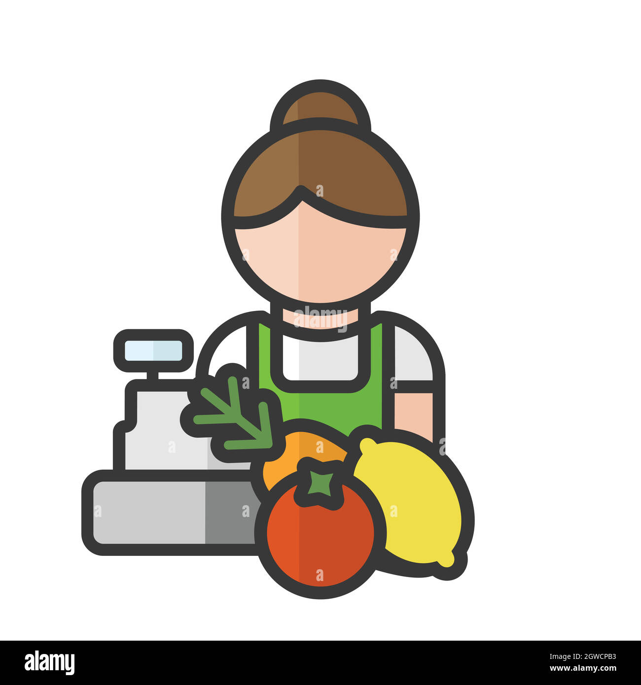 Avatar fruttiterer femminile. Frutta e verdura carattere venditore. Donna che lavora. Utente del profilo, persona. Icona persone. Illustrazione vettoriale Illustrazione Vettoriale