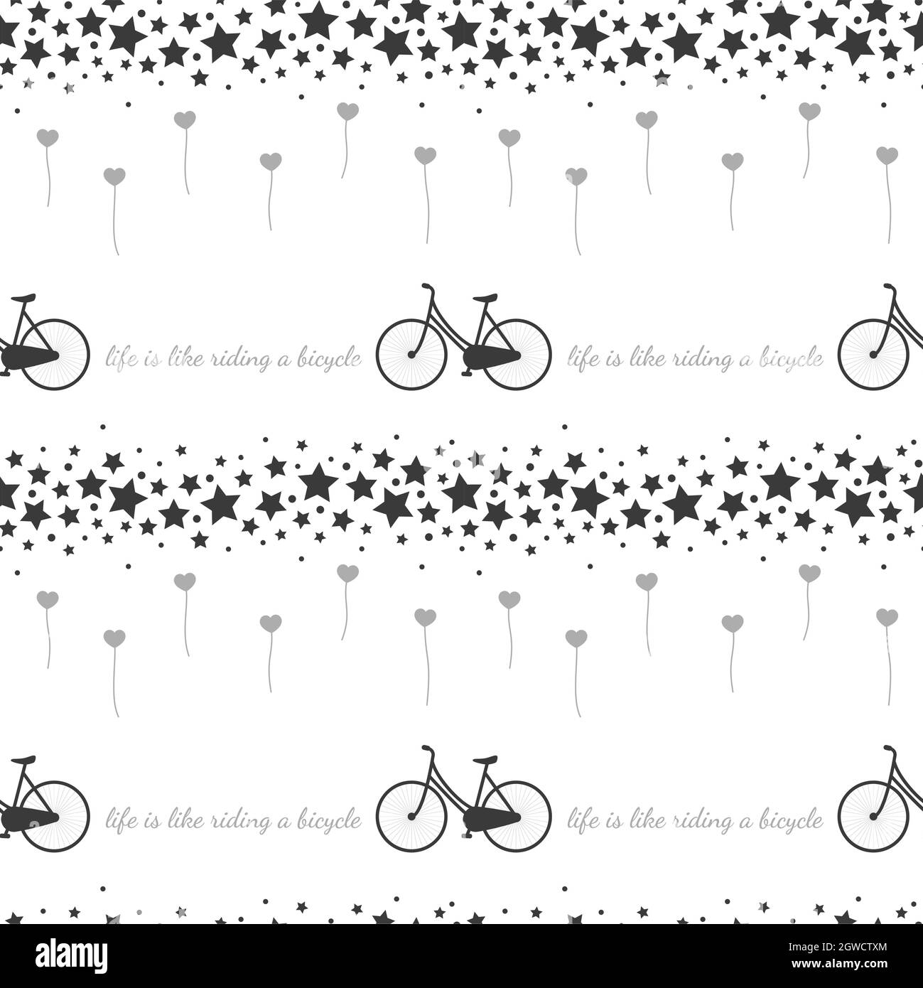 Bicicletta e stelle vettore senza cuciture pattern. Biciclette e palloncino stampa in bianco e nero. Illustrazione Vettoriale