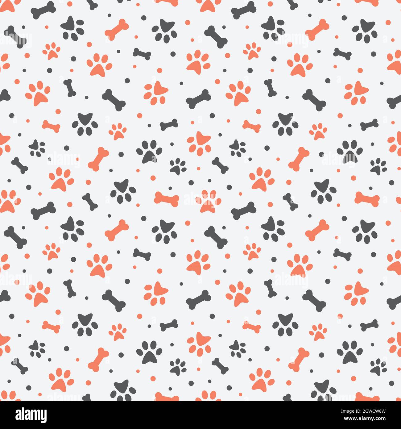 Stampa di zampe di cani con motivo colorato senza cuciture. Animali domestici modello carino con le ossa. Illustrazione Vettoriale