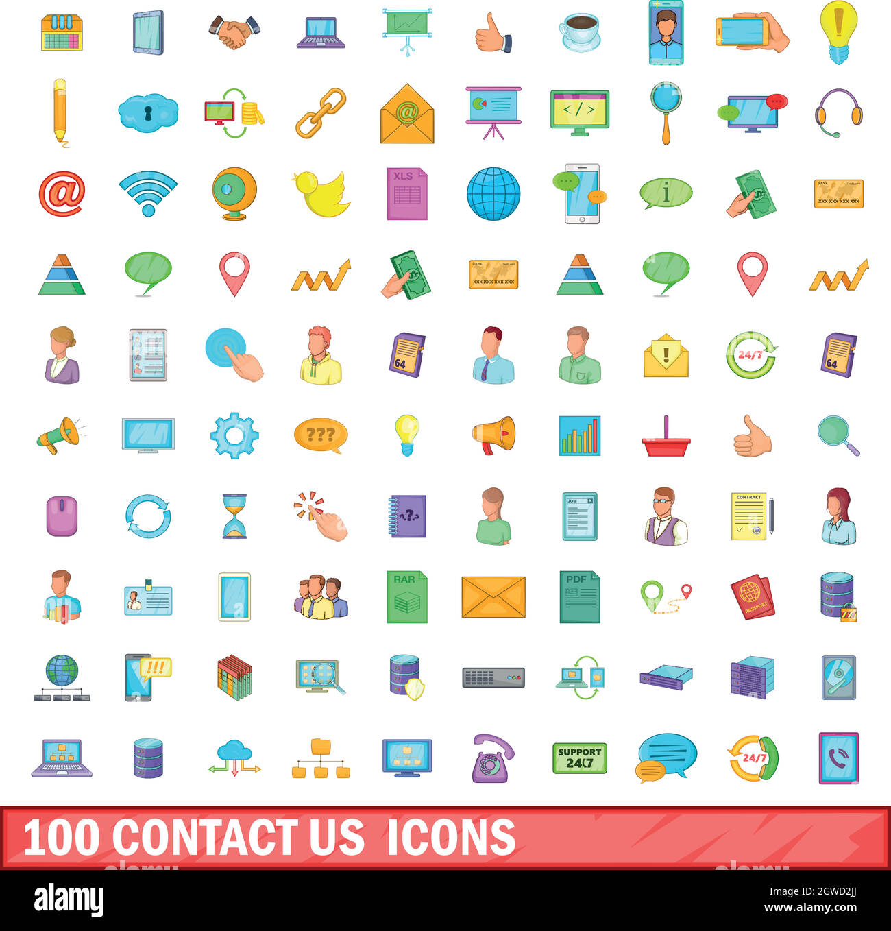 100 contattaci set di icone, stile cartoon Illustrazione Vettoriale