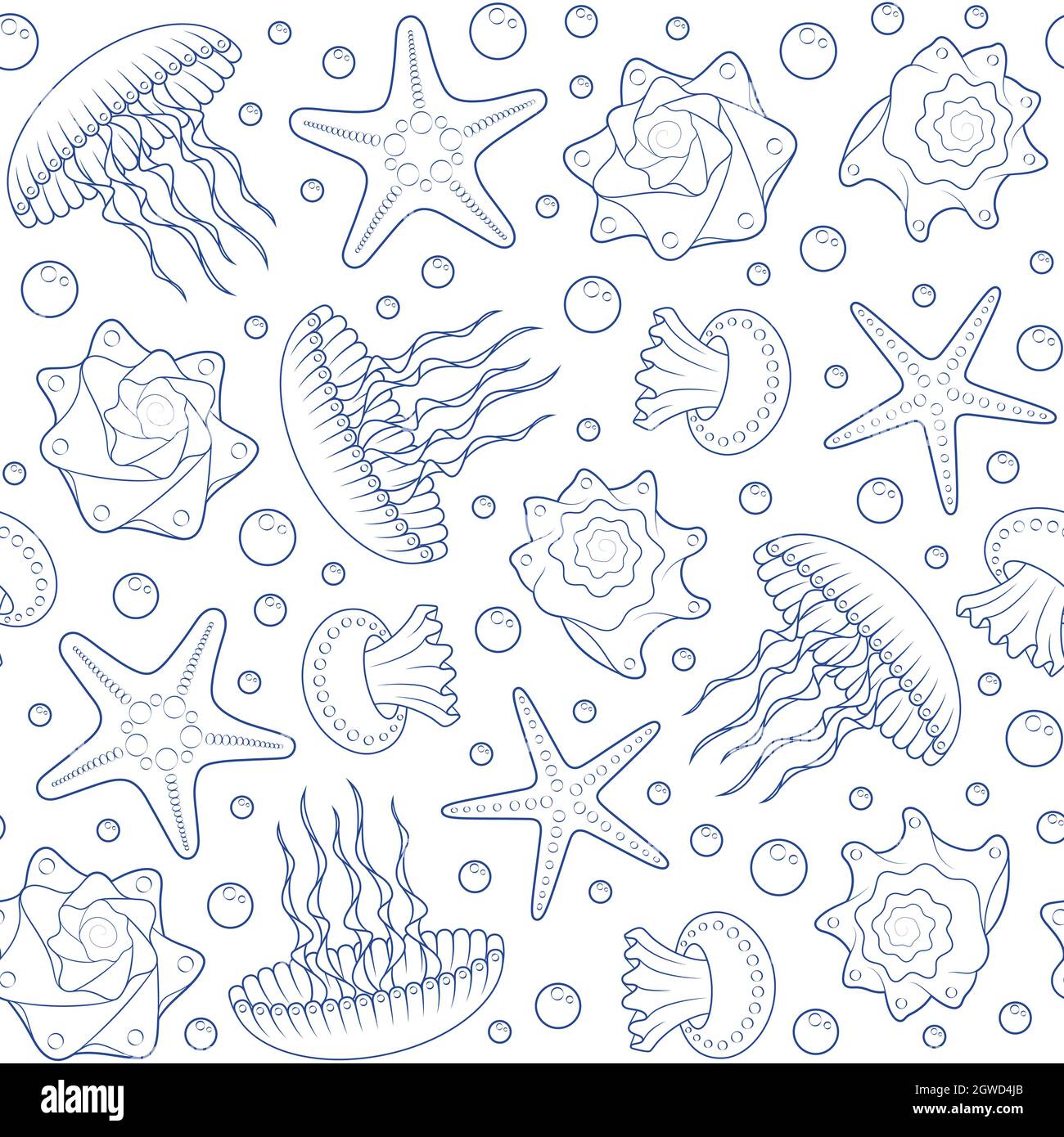 Sfondo con stelle marine, conchiglie e meduse. Pattern vettoriale senza giunture. Illustrazione Vettoriale