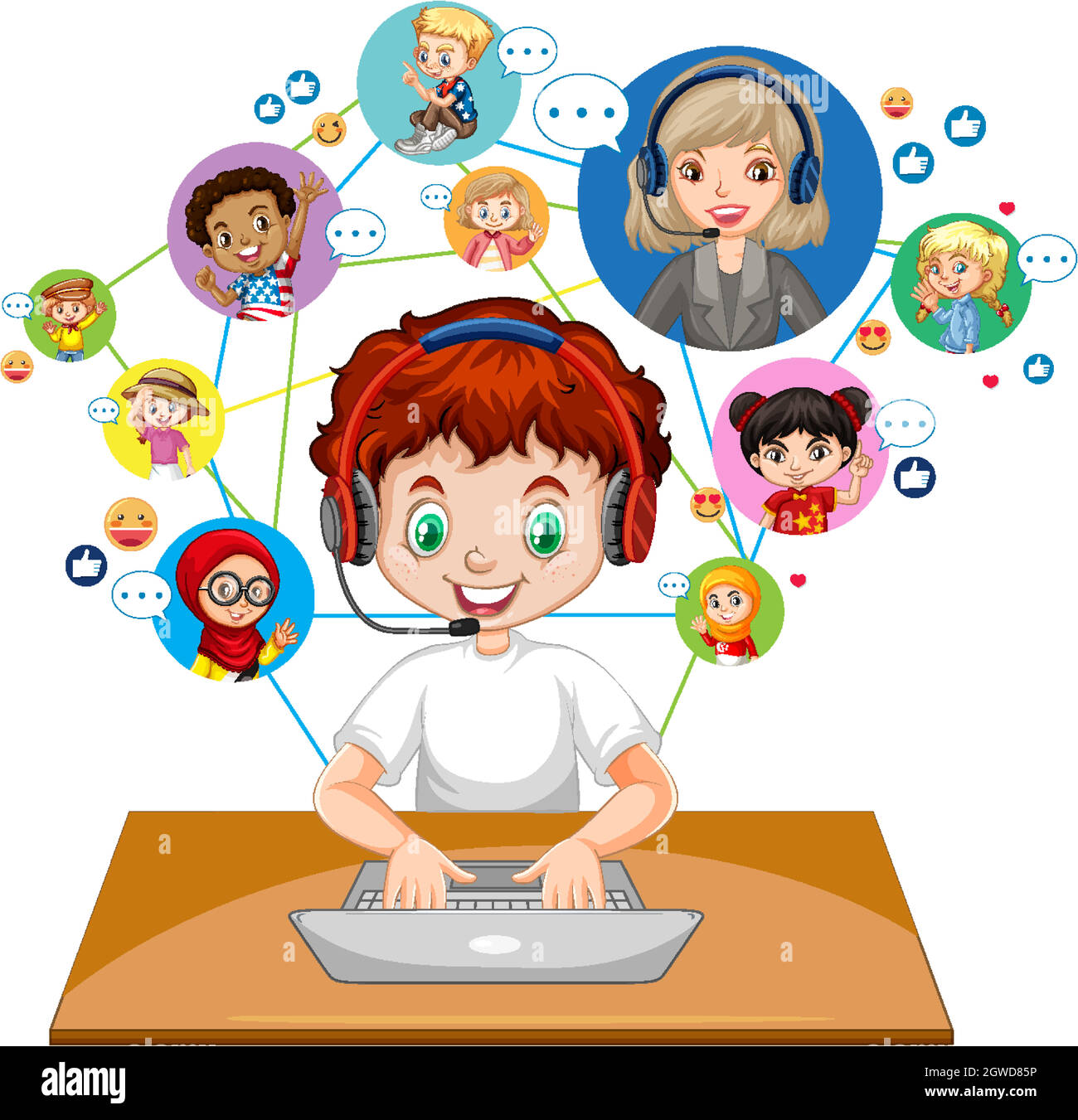 Vista frontale di un ragazzo che utilizza un computer portatile per comunicare la videoconferenza con l'insegnante e gli amici su sfondo bianco Illustrazione Vettoriale
