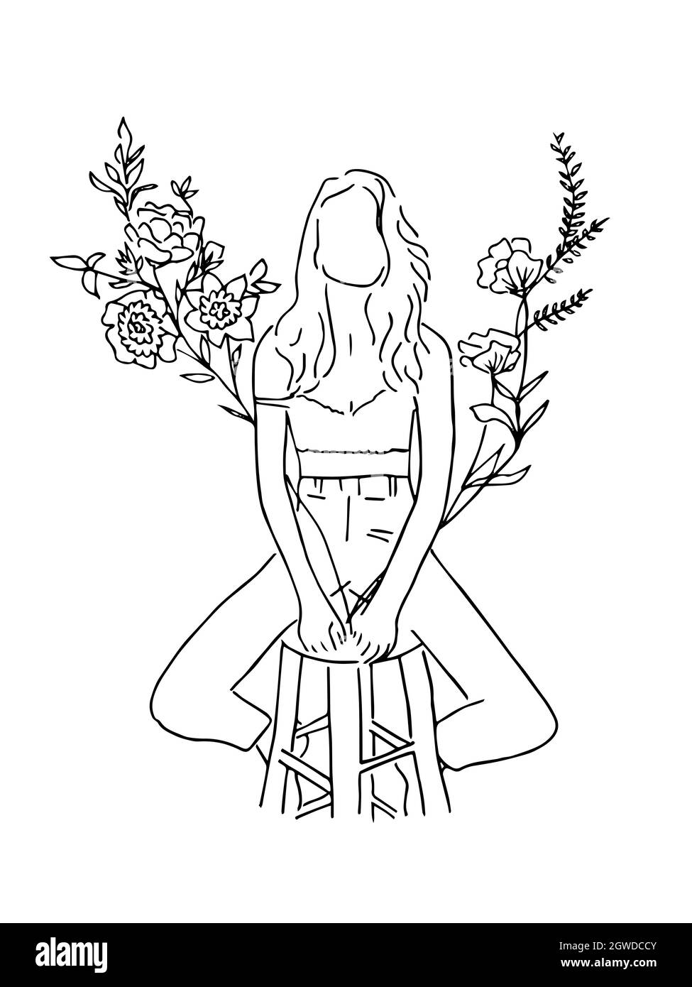 La ragazza siede su uno sgabello contro uno sfondo di fiori. Illustrazione vettoriale in bianco e nero Illustrazione Vettoriale
