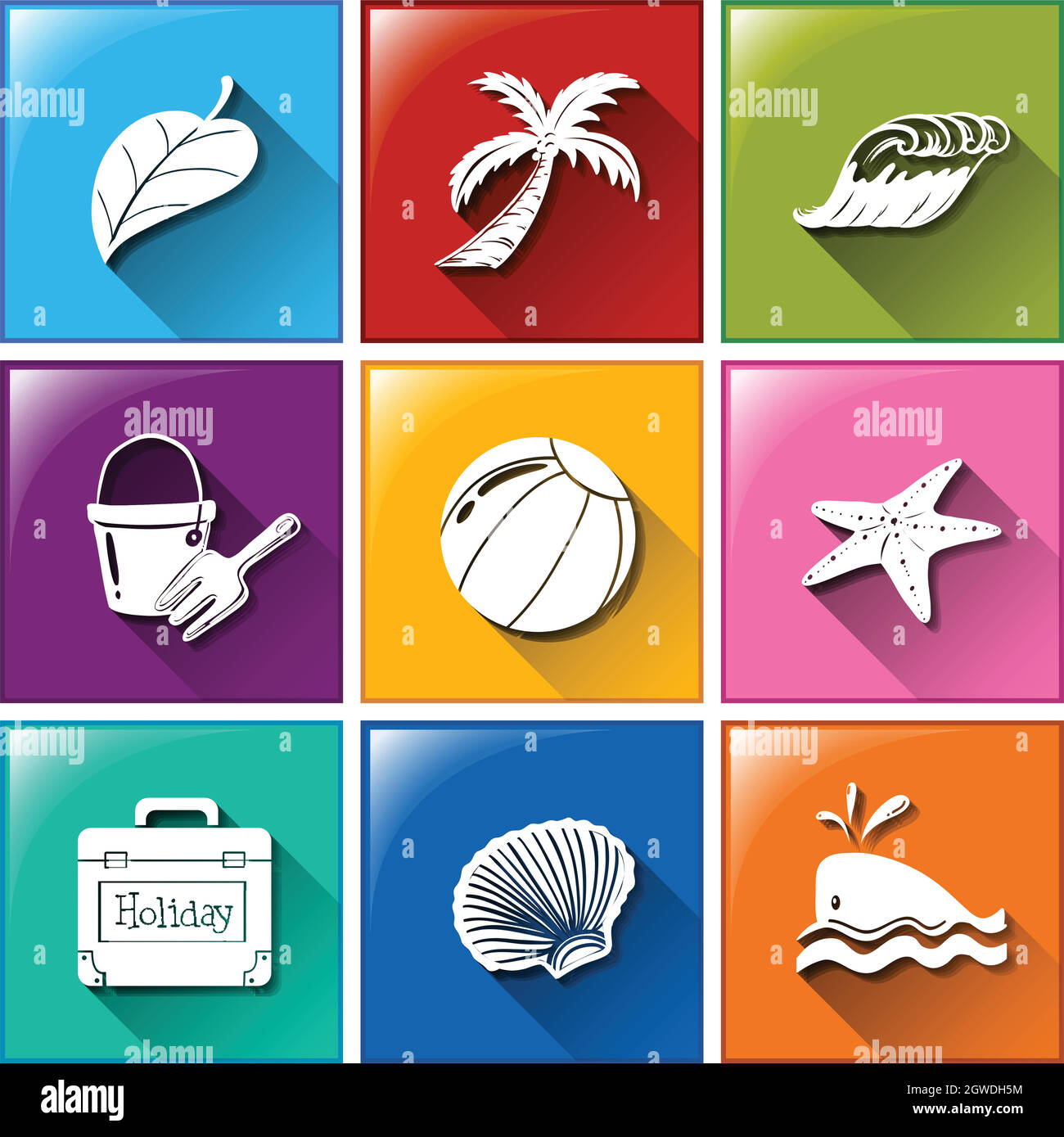 Icone con i diversi oggetti per l'estate Illustrazione Vettoriale