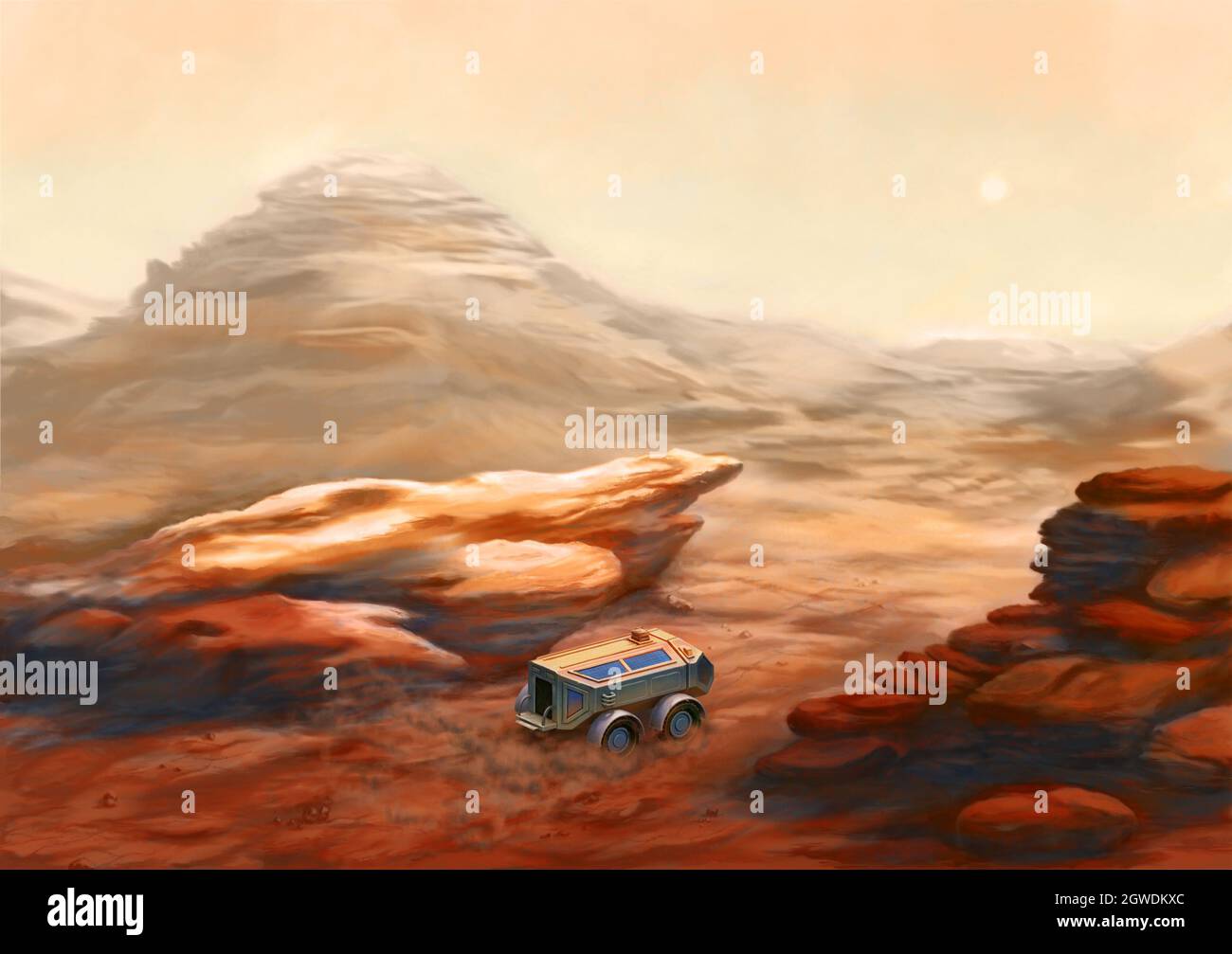 Veicolo che esplora Mars Surface. Pittura digitale. Foto Stock