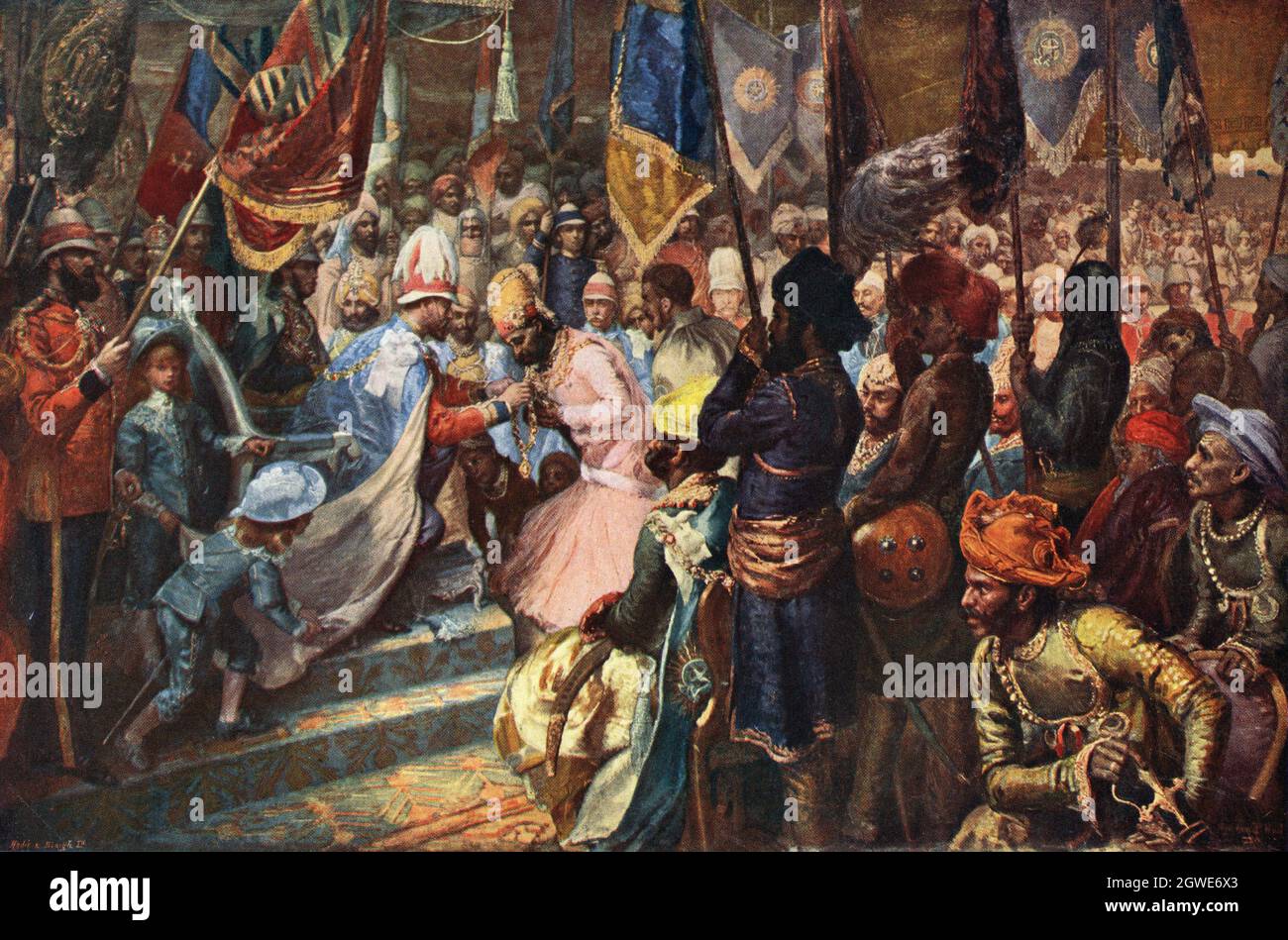 Illustrazione dei colori dopo la Sala di Sydney: Il principe Alberto, il principe del Galles, investendo il Maharajah di Jaipur con l'ordine della stella dell'India, 1 Foto Stock