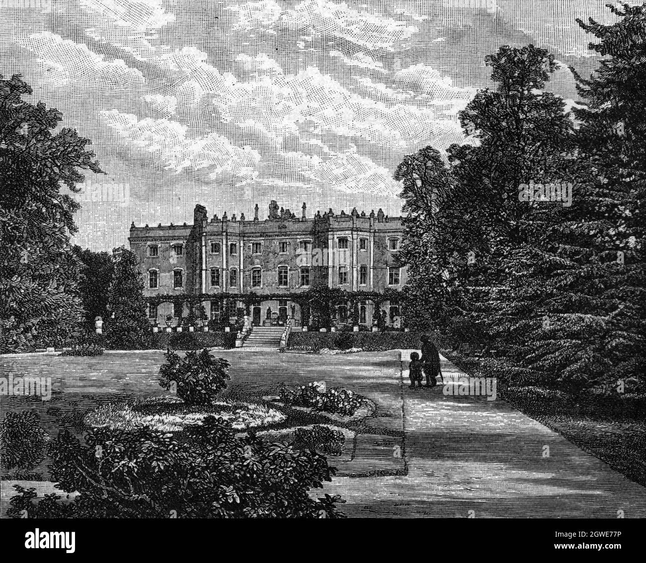 Illustrazione B&W: Hughenden Manor, Buckinghamshire, circa 1887. Casa di Benjamin Disraeli, primo Ministro britannico 1868 e 1880. Foto Stock