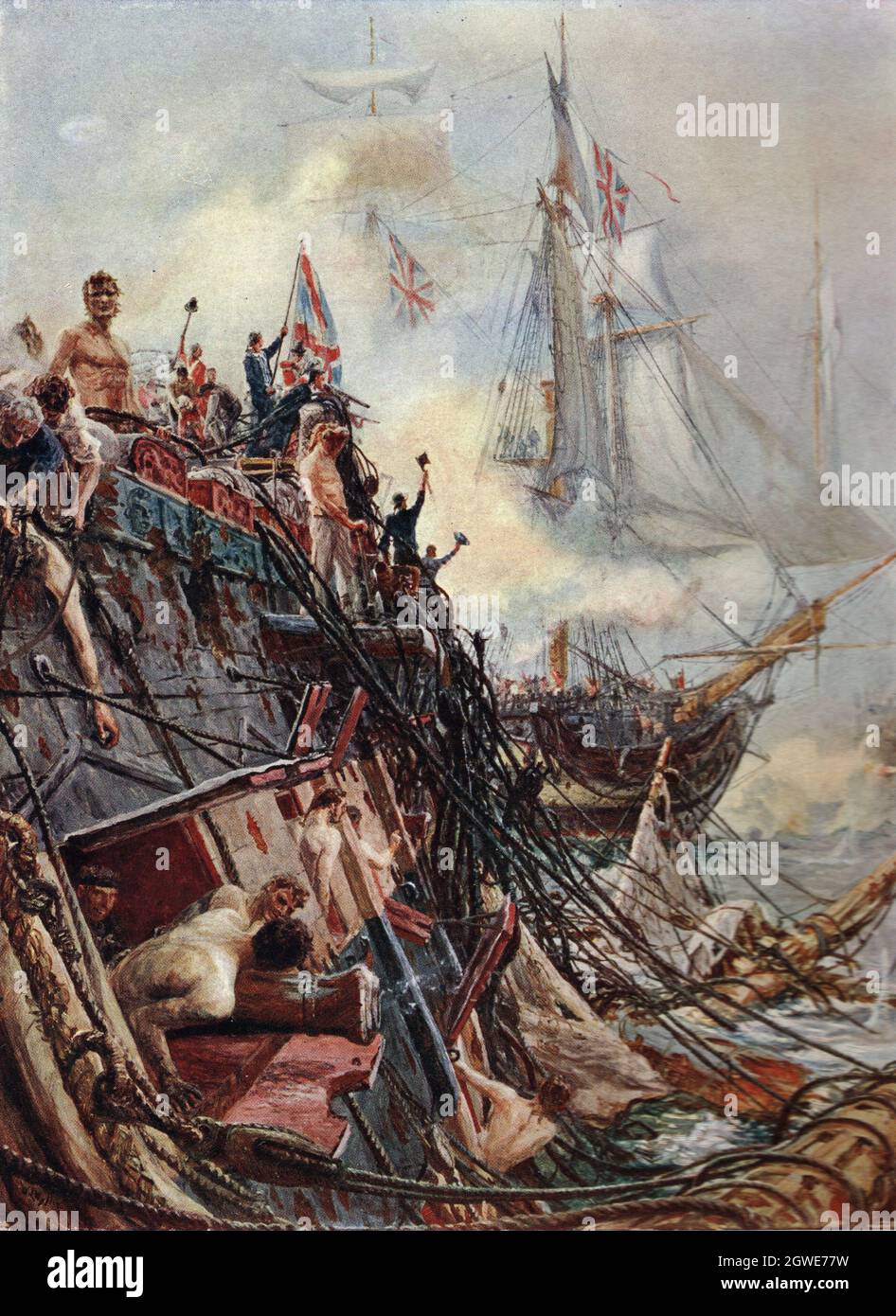 B&W Illustration; Battaglia di Trafalgar 1805; la nave inglese, paralizzata e disfatta, HMS Belleisle con HMS Swiftsure alle spalle. Foto Stock