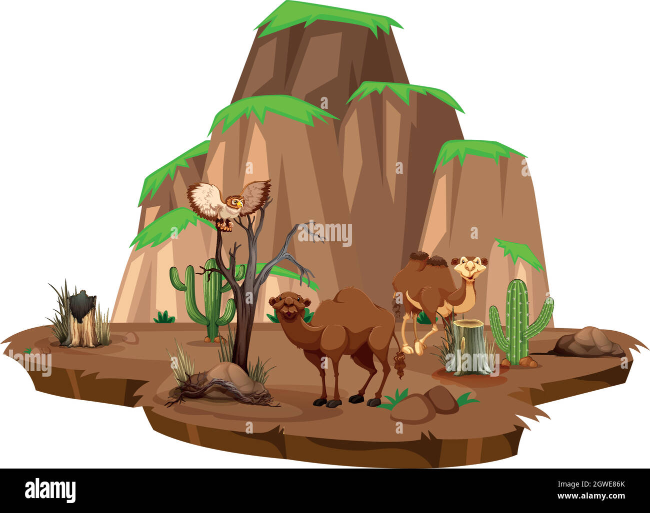 Scena con cammelli e gufo nel campo Illustrazione Vettoriale