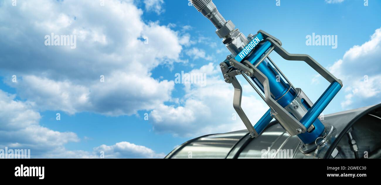 Ugello carburante futuristico con l'iscrizione idrogeno su sfondo cielo blu. Concetto di energia sostenibile Foto Stock