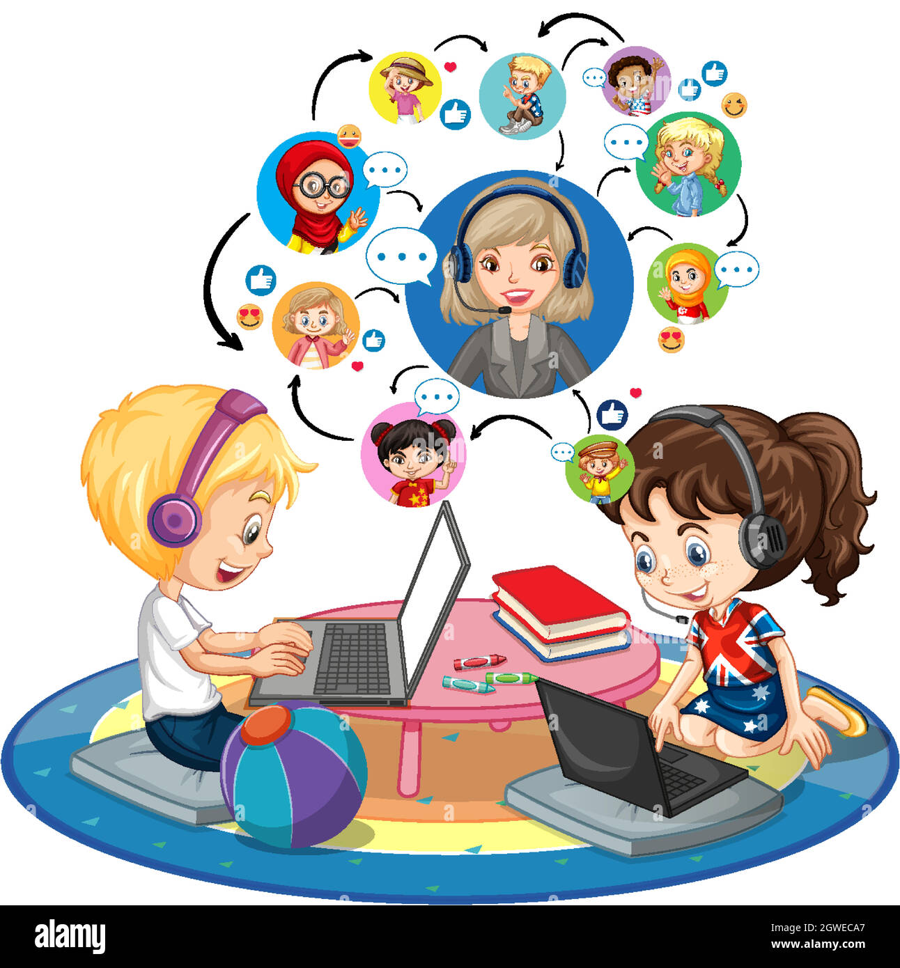 Vista laterale dei bambini che usano il laptop per comunicare la videoconferenza con l'insegnante e gli amici su sfondo bianco Illustrazione Vettoriale