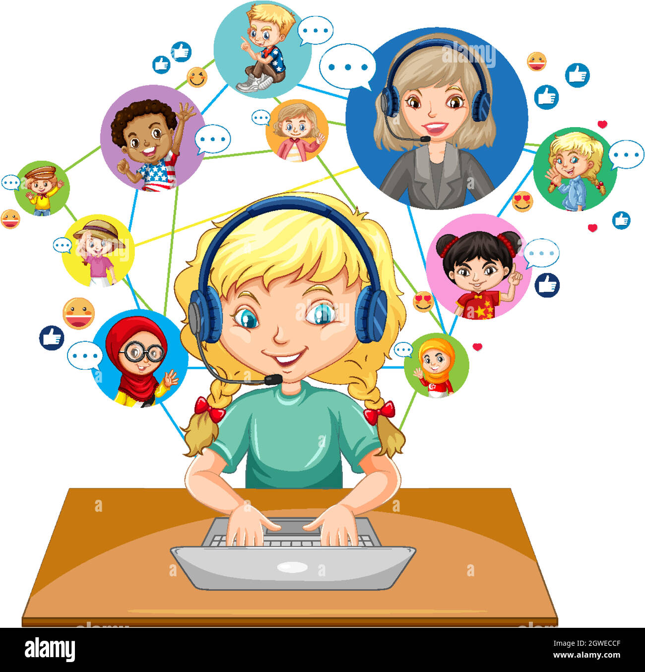 Vista frontale di una ragazza che usa un laptop per comunicare la videoconferenza con l'insegnante e gli amici su sfondo bianco Illustrazione Vettoriale