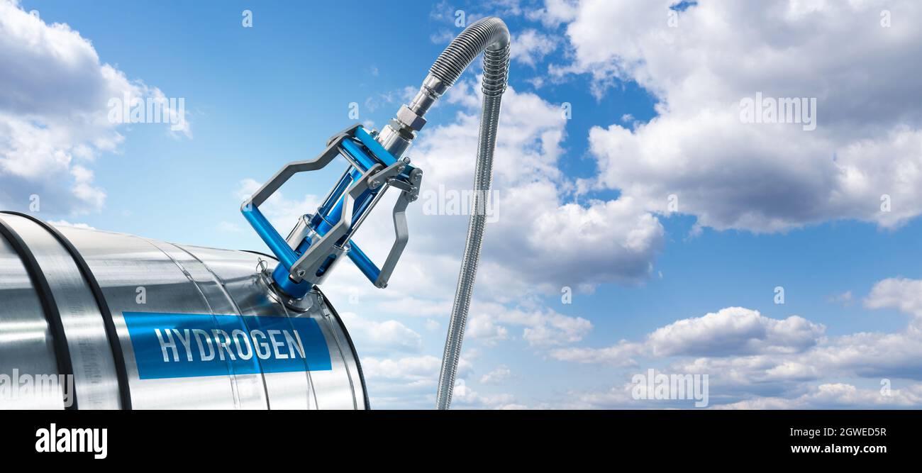 Serbatoio e ugello carburante futuristici con l'iscrizione idrogeno su sfondo cielo blu. Concetto di energia sostenibile Foto Stock