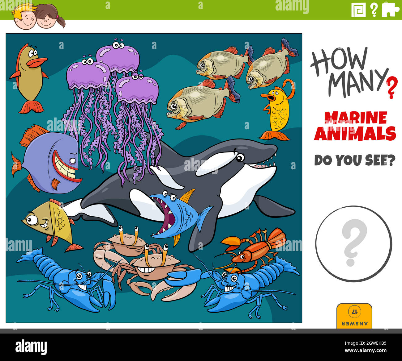 quanti animali marini gioco educativo per i bambini Illustrazione Vettoriale