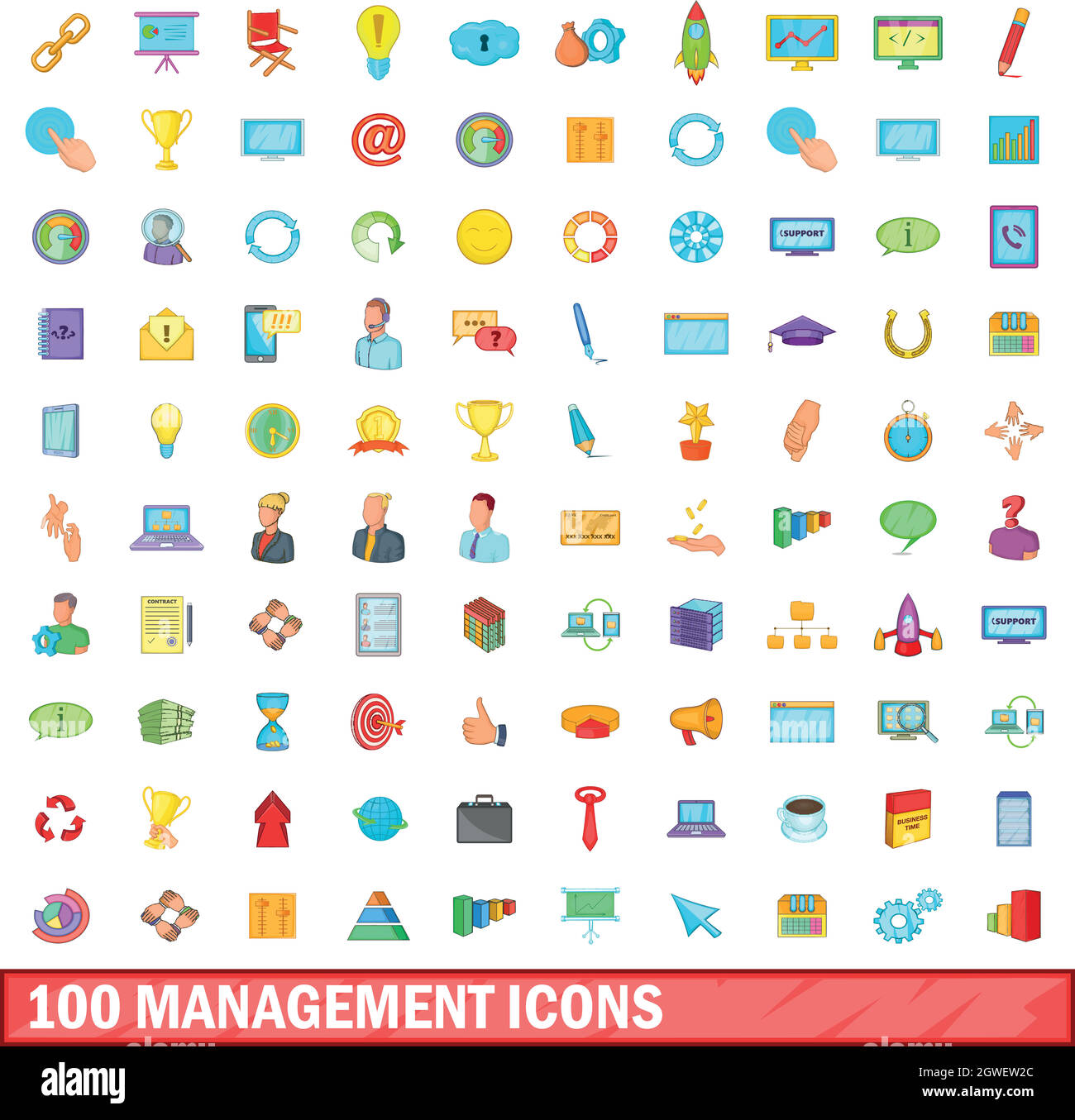 Gestione 100 set di icone, stile cartoon Illustrazione Vettoriale