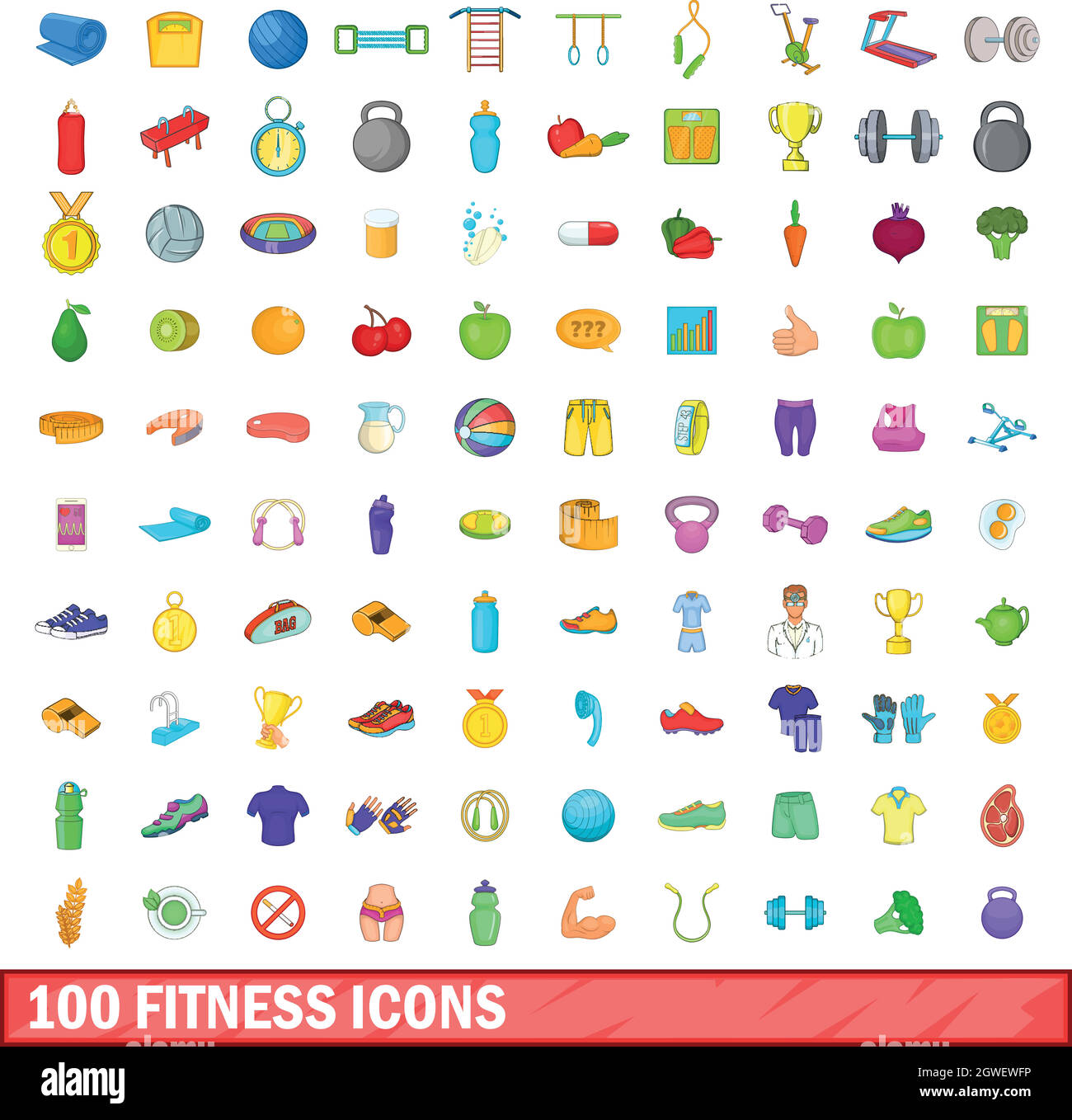 100 set di icone, stile cartoon Illustrazione Vettoriale
