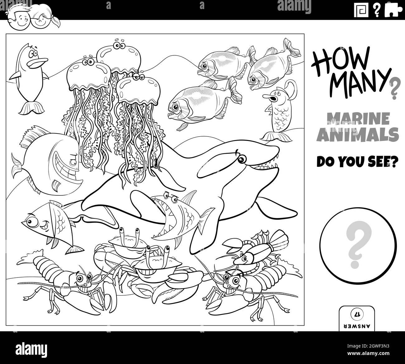 conteggio animali marini gioco educativo colorazione pagina libro Illustrazione Vettoriale
