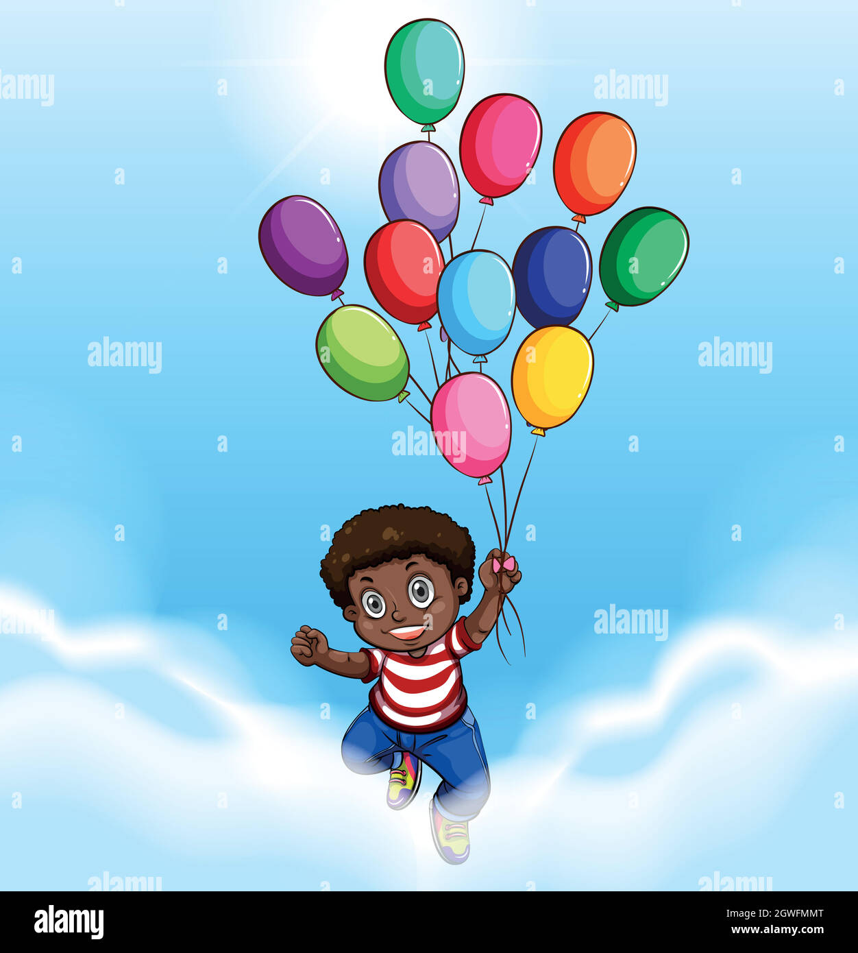 Ragazzo afroamericano che vola con palloncini Illustrazione Vettoriale