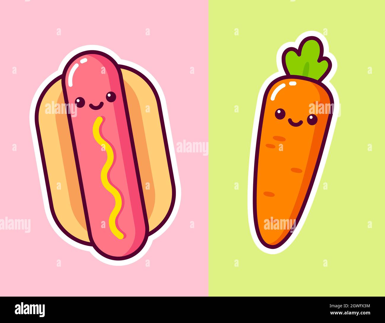 Carino hot dog cartoon e carota con divertenti volti kawaii. Icona snack sano e malsano. Cibo spazzatura e dieta vegetale. Illustrazione grafica della clip vettoriale. Illustrazione Vettoriale