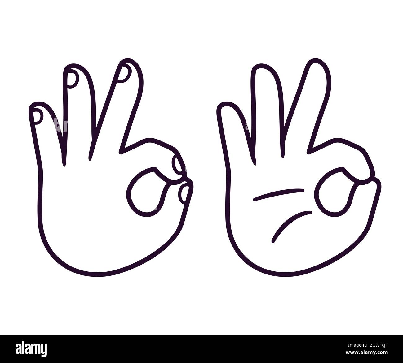 Icona della linea del segnale a mano OK. Dito indice che tocca il pollice. Sinistra e destra, palmo e parte posteriore della mano. Disegno cartoon, illustrazione vettoriale. Illustrazione Vettoriale