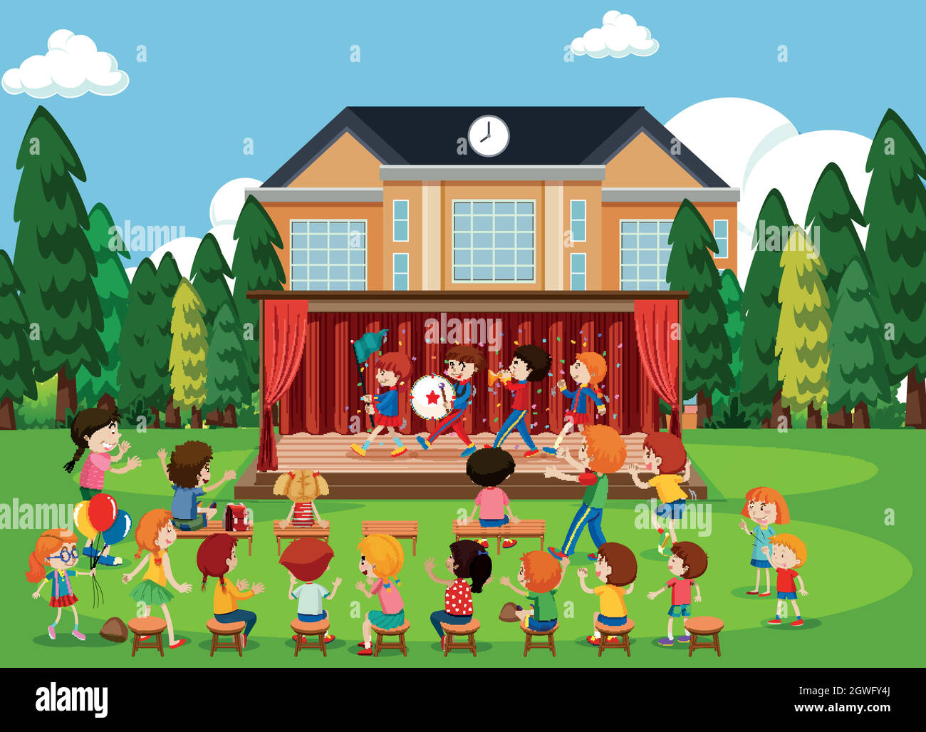 Gente che guarda la band sul palco Illustrazione Vettoriale