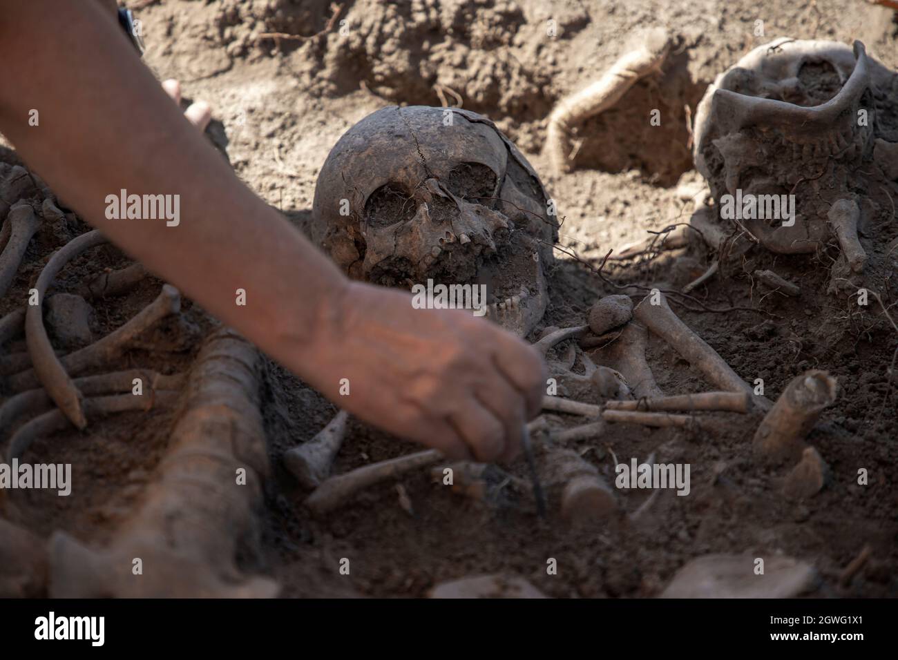 Vinča, Serbia, 4 settembre 2021: Primo piano di un archeologo che lavora sullo scavo di resti umani Foto Stock