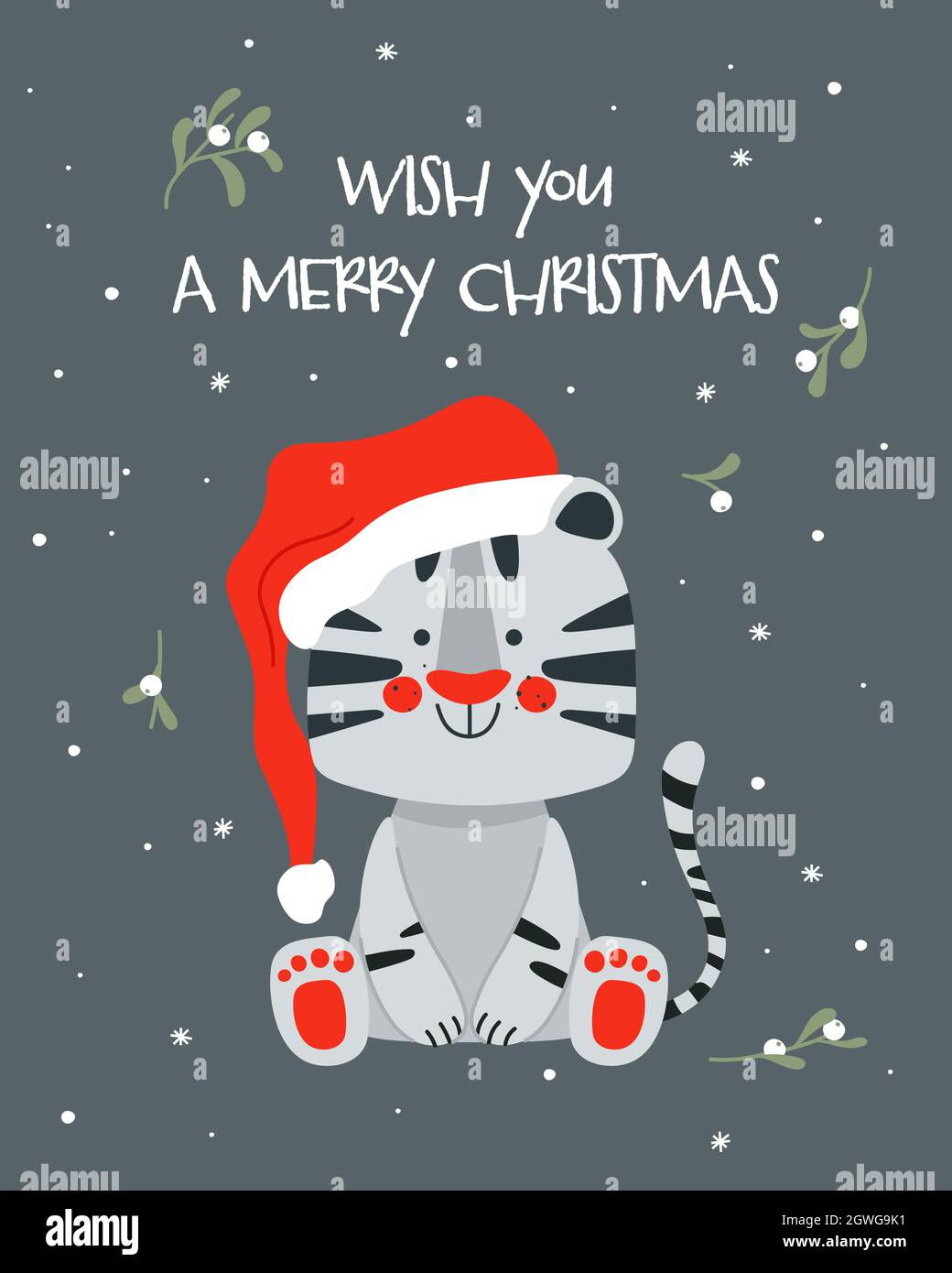 Vi auguriamo un buon biglietto di auguri di Natale con carino tigre bianco, simbolo 2022 anno. Illustrazione vettoriale in stile infantile scandinavo disegnato a mano Illustrazione Vettoriale