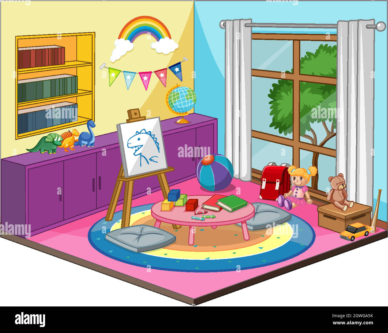 Stanza per bambini o stanza per bambini interno con elementi colorati mobili Illustrazione Vettoriale