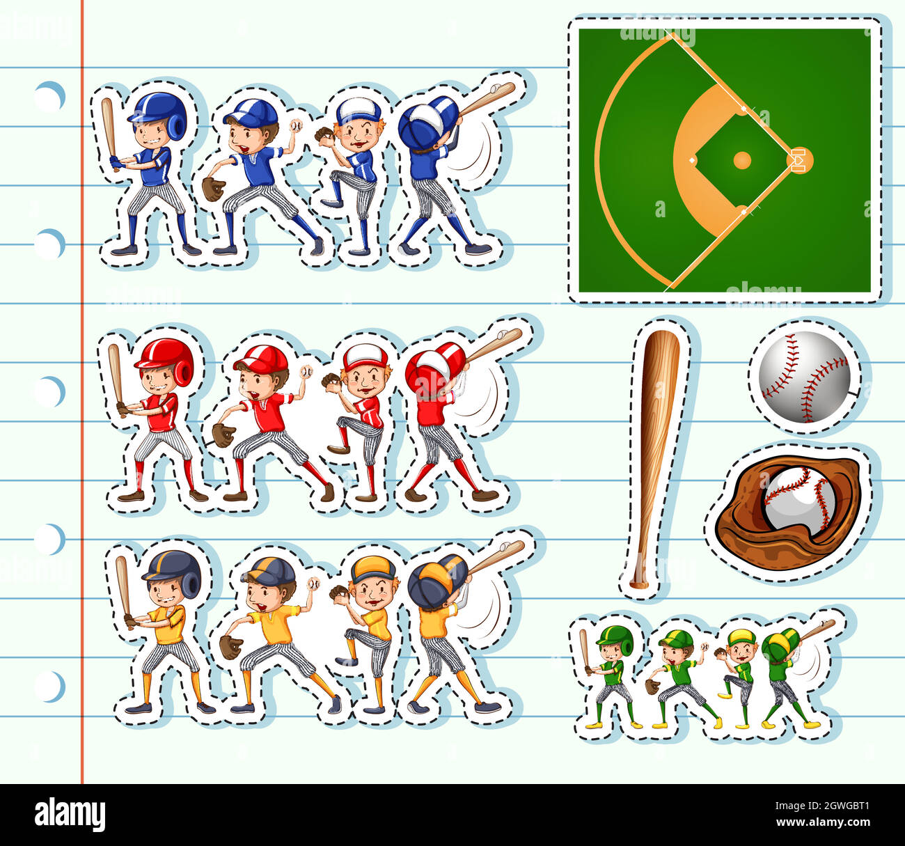 Adesivo per giocatori di baseball e campo Illustrazione Vettoriale