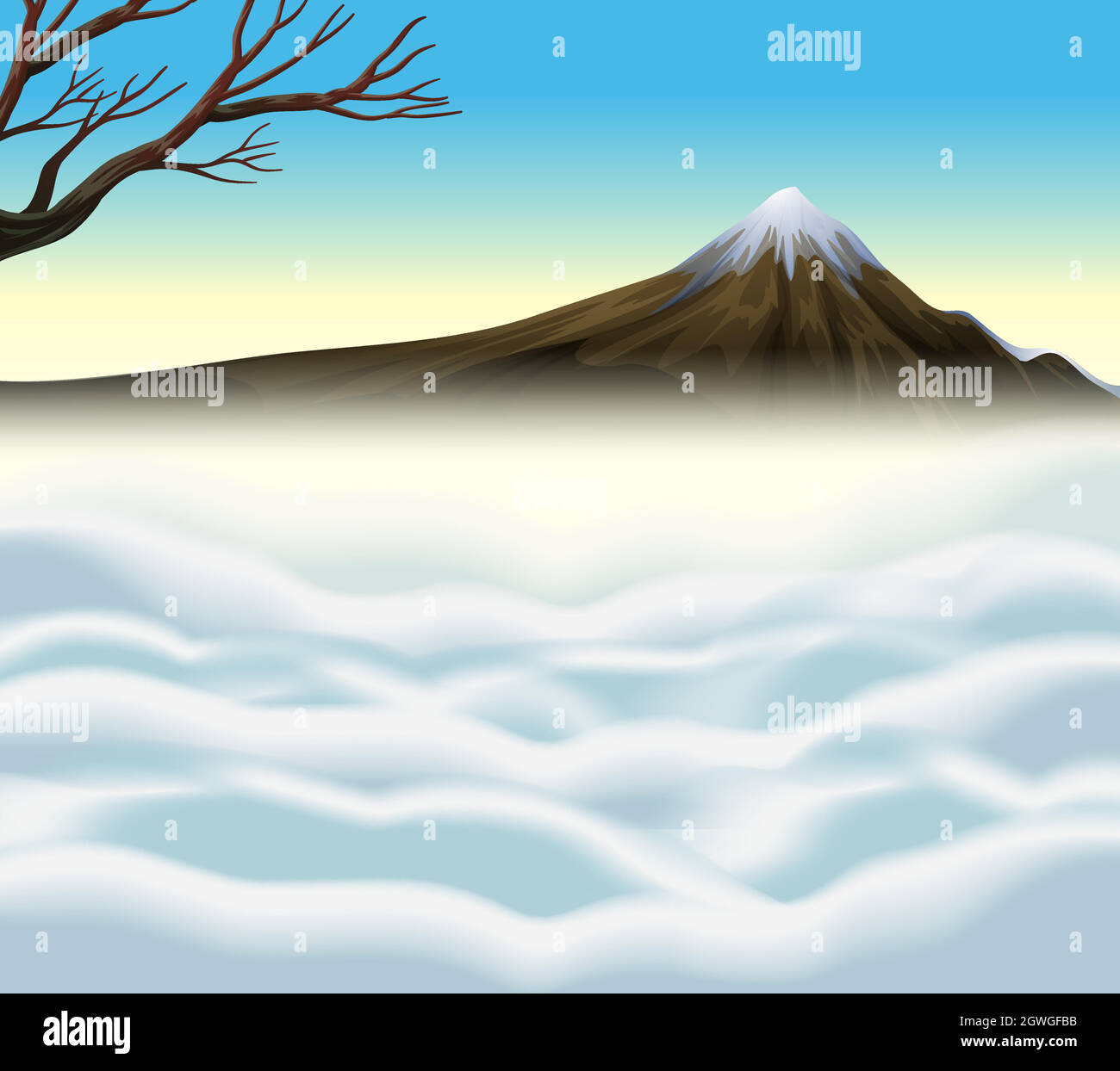 Scena natura con vulcano e nebbia Illustrazione Vettoriale