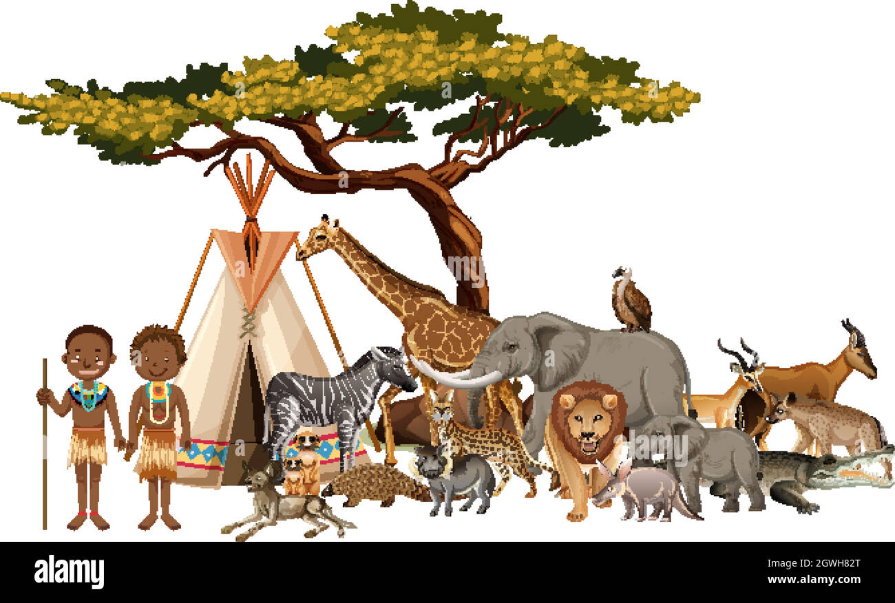 Tribù africana con gruppo di animali selvatici africani su sfondo bianco Illustrazione Vettoriale