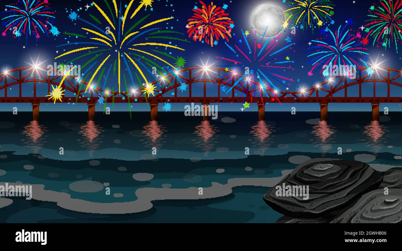 Fuochi d'artificio di festa con scena ponte Illustrazione Vettoriale