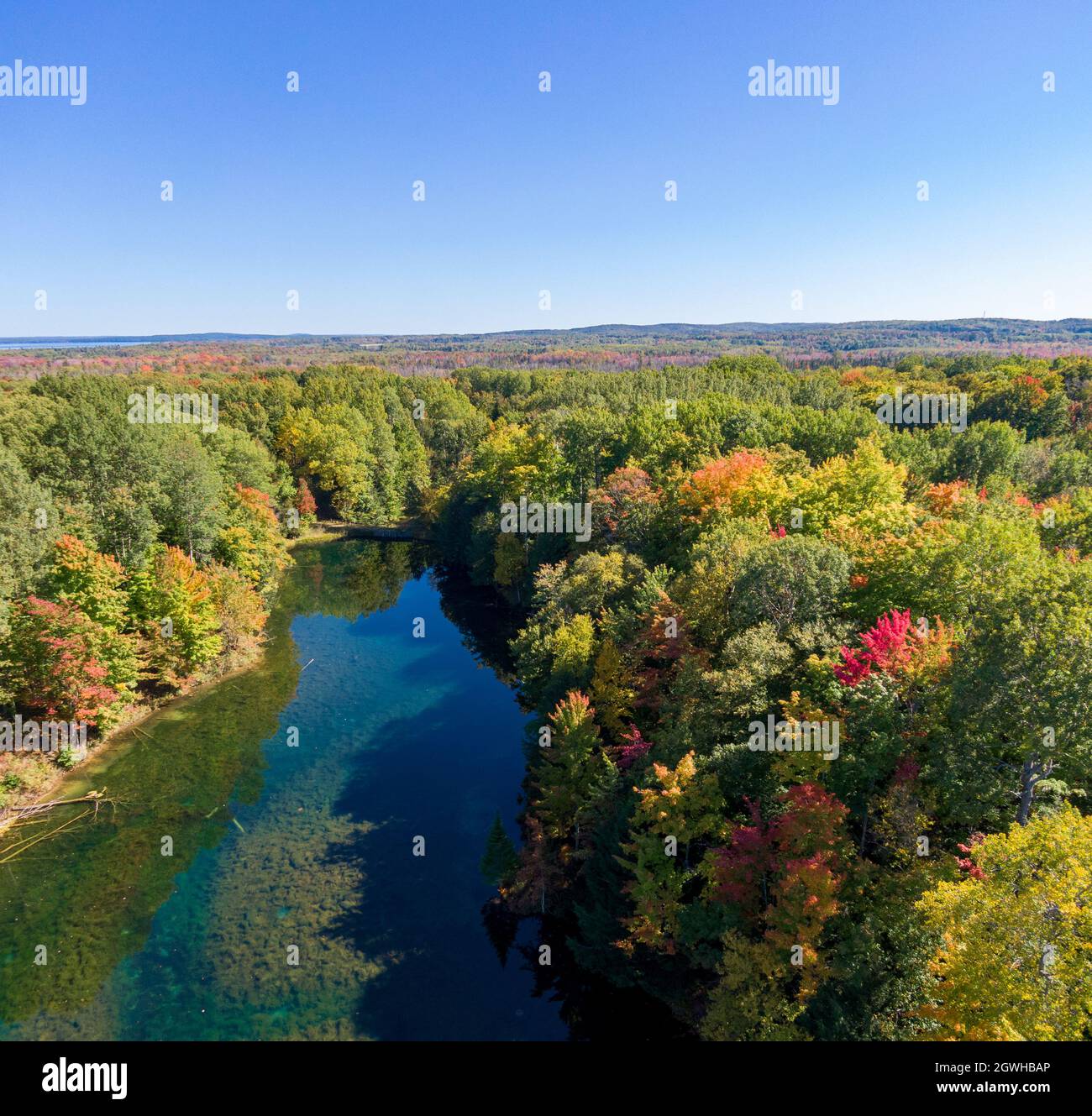Vista aerea di uno stagno nei boschi in autunno Foto Stock
