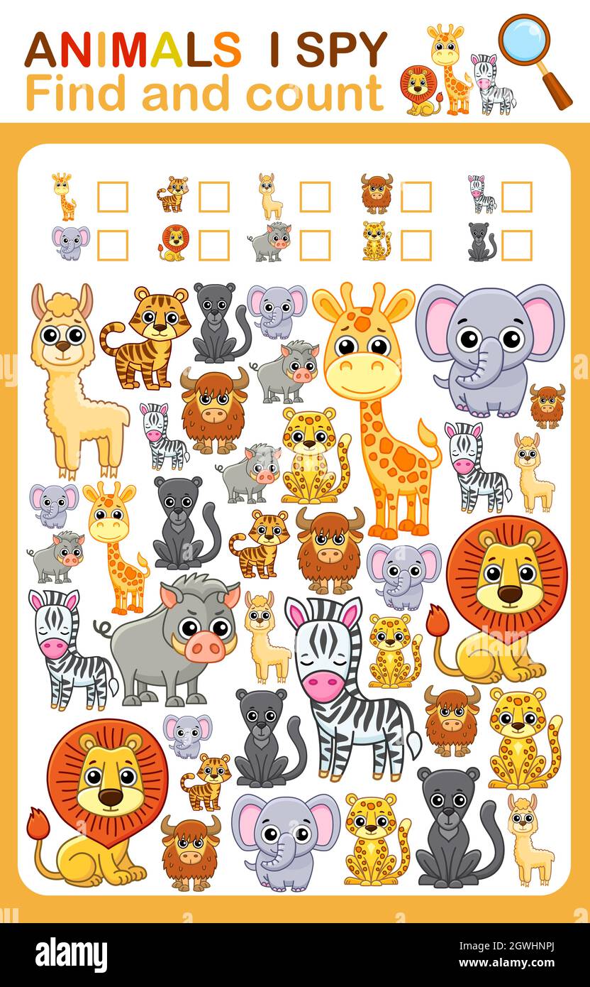Foglio di lavoro stampabile per l'asilo e pagina del libro prescolare i spy. Conta animali da zoo. Illustrazione Vettoriale