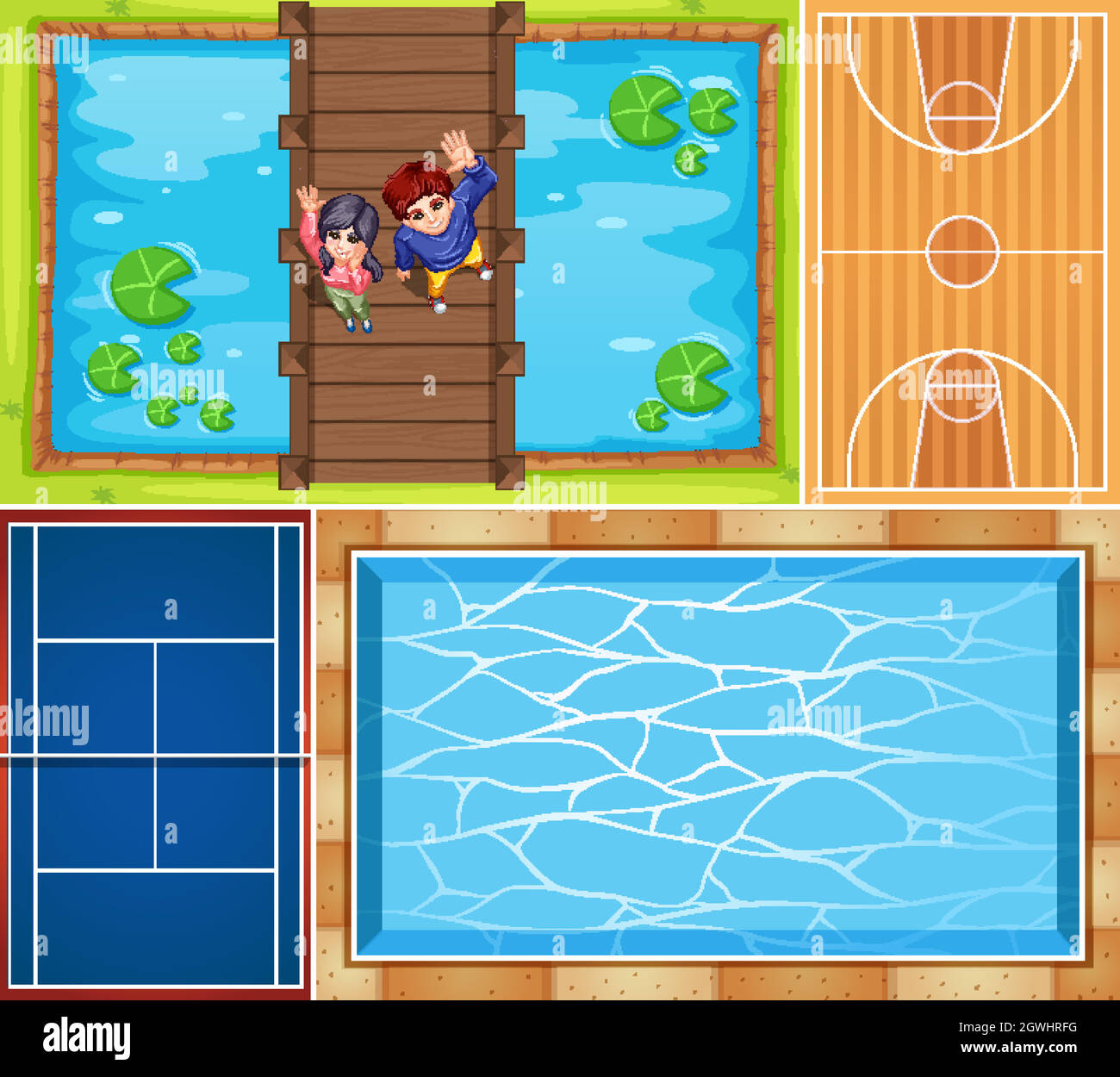 Set di piscina aerea e campo da pallacanestro scena Illustrazione Vettoriale