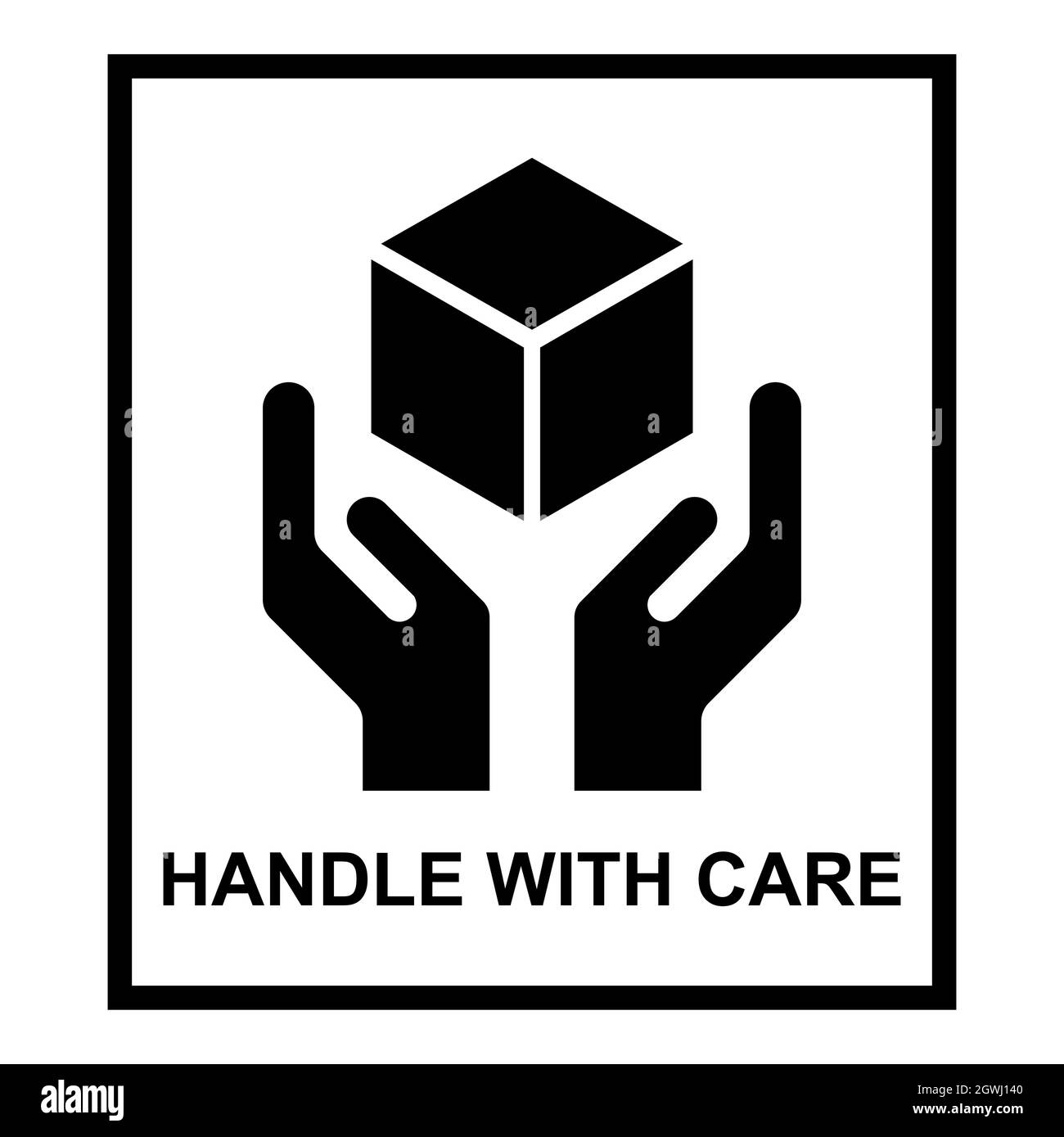 Maneggiare con l'icona di cura piatta con la cornice nera isolata su sfondo bianco. Simbolo della confezione fragile. Illustrazione vettore etichetta . Illustrazione Vettoriale