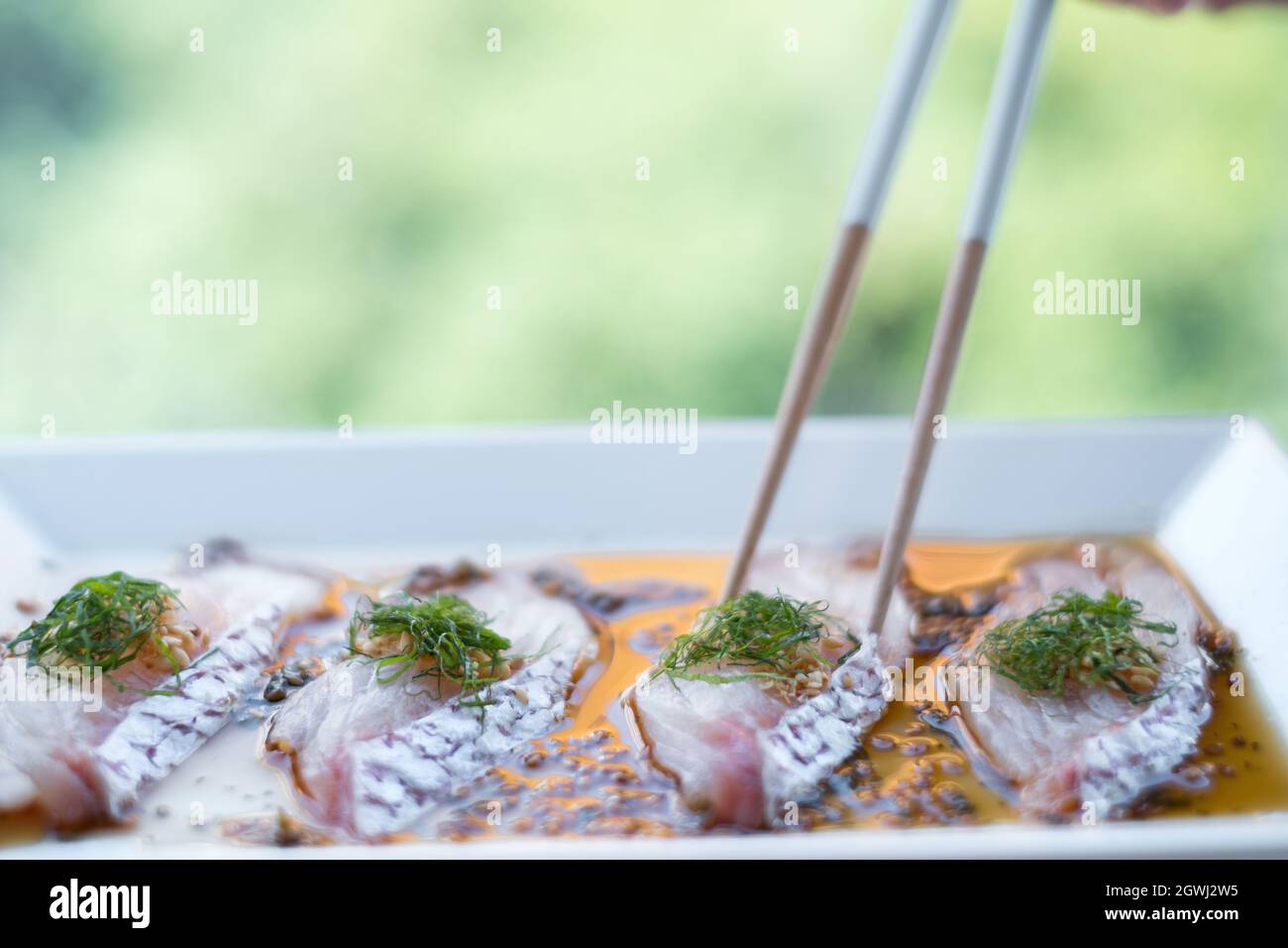 Sashimi di spigola con bacchette. Spigola cruda con salsa su piatto bianco. Ristorante Giapponese. Cucina tradizionale giapponese. Pesce crudo. Foto Stock