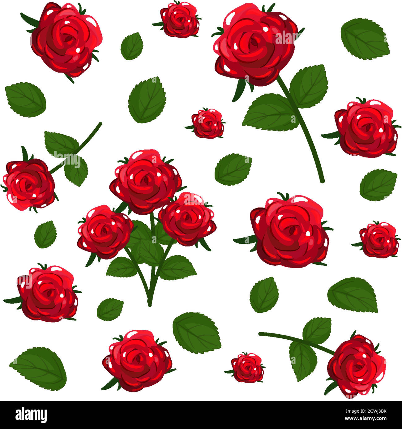 Set di fiori e foglie di rose rosse carine Illustrazione Vettoriale