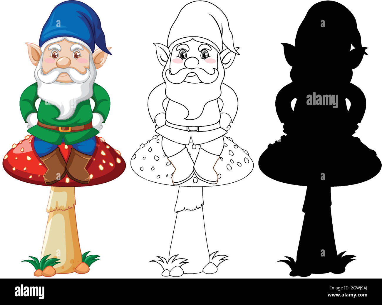 GNOME seduta su fungo di colore, contorno e silhouette in cartoon su sfondo bianco Illustrazione Vettoriale