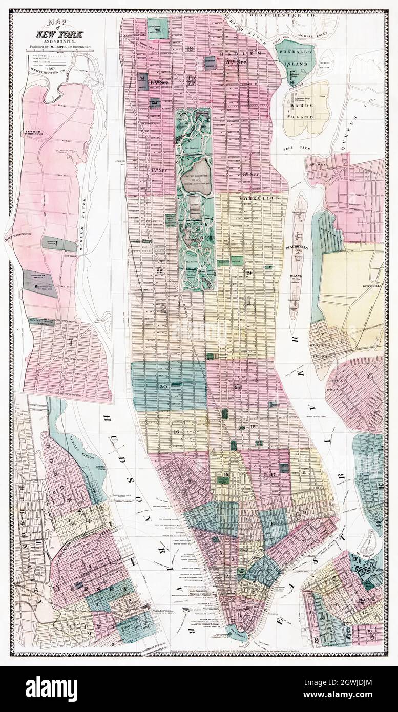 Mappa di New York e dintorni (1869) di Matthew Dripps. Foto Stock