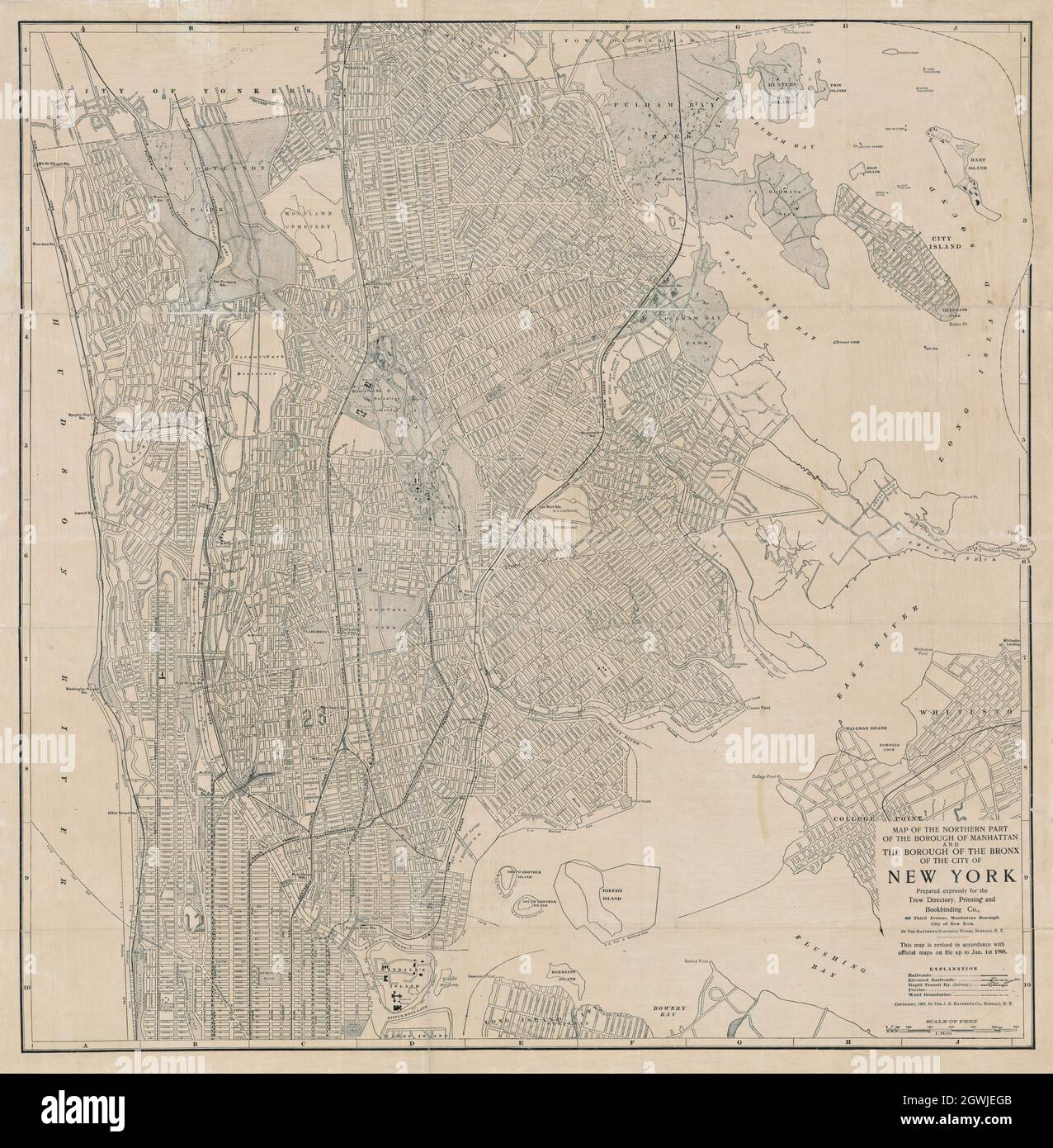Mappa della parte settentrionale del Borough di Manhattan e del Borough del Bronx della città di New York. 1907. Foto Stock