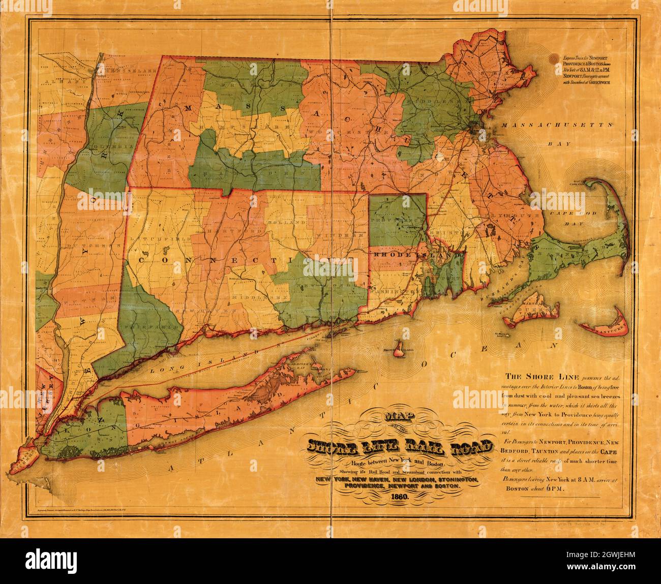 Mappa del percorso della Shore Line Rail Road tra New York e Boston. 1860. Walling, Enrico Francesco, 1825-1888. Foto Stock
