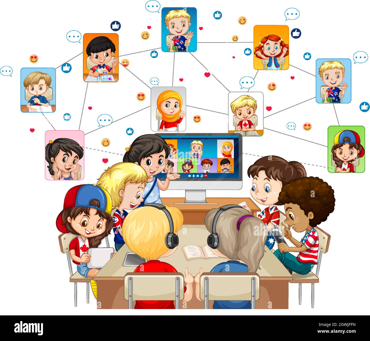 I bambini utilizzano un computer portatile per comunicare la videoconferenza con gli amici su sfondo bianco Illustrazione Vettoriale