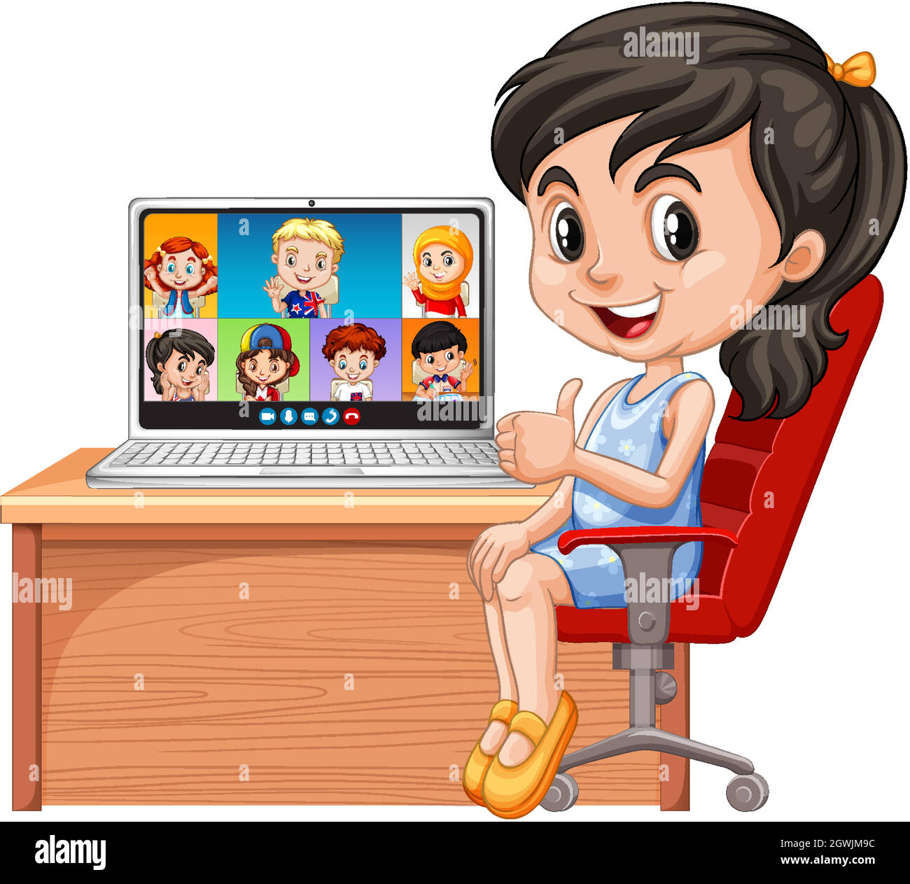 Una ragazza video chat con gli amici su sfondo bianco Illustrazione Vettoriale