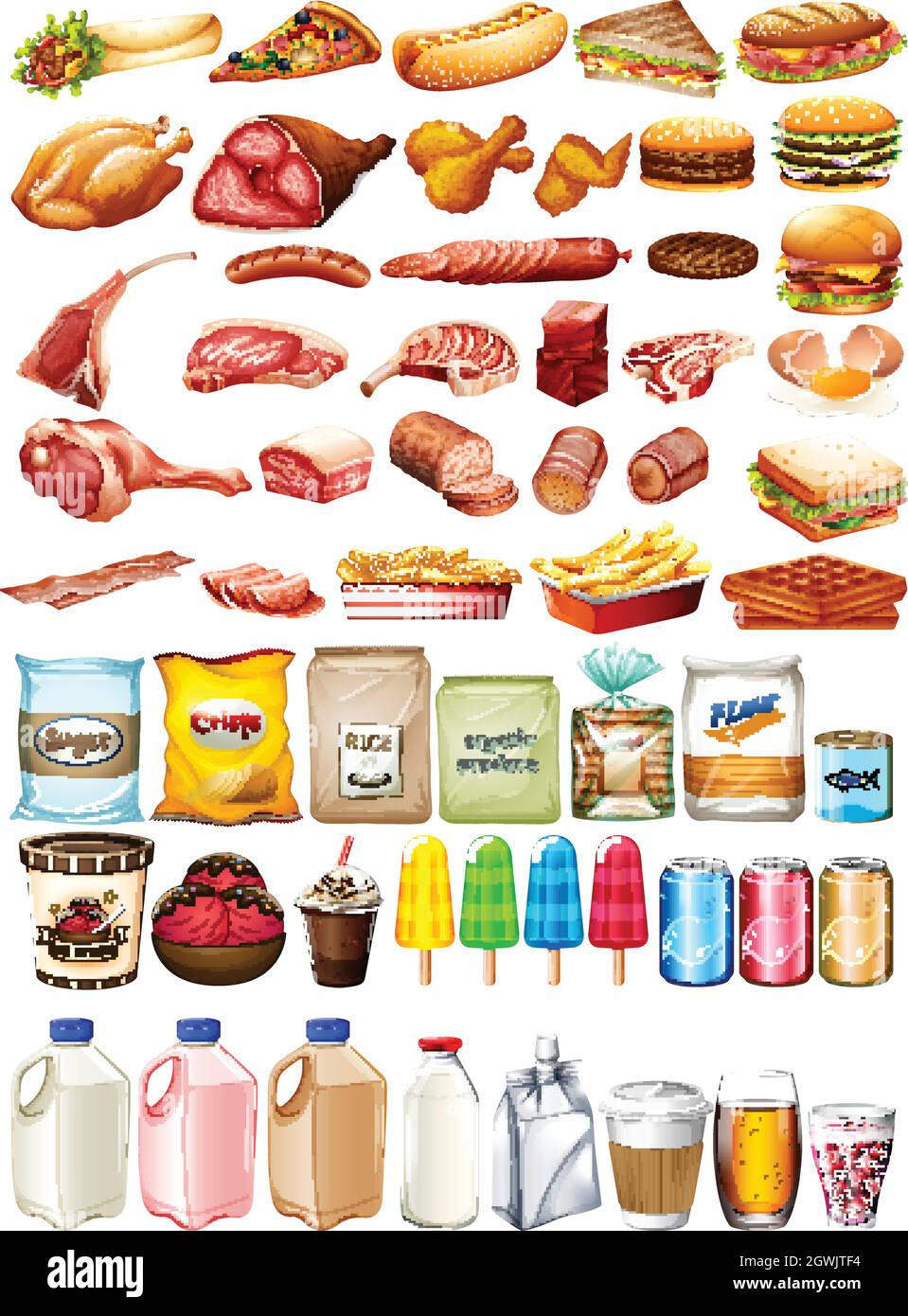 Diversi tipi di cibo e dessert Illustrazione Vettoriale