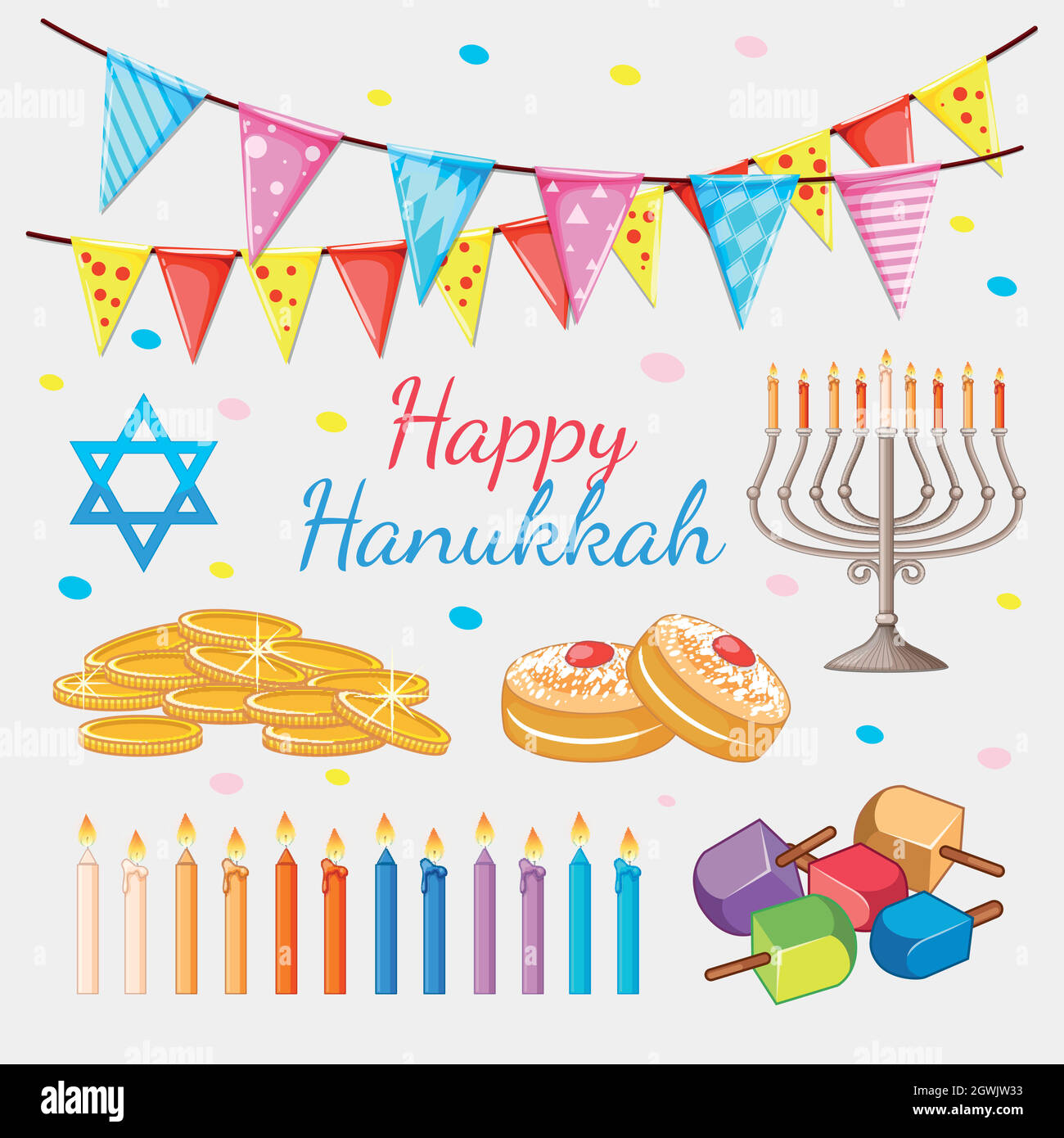 Felice Hannukkah tema con monete d'oro e candele Illustrazione Vettoriale